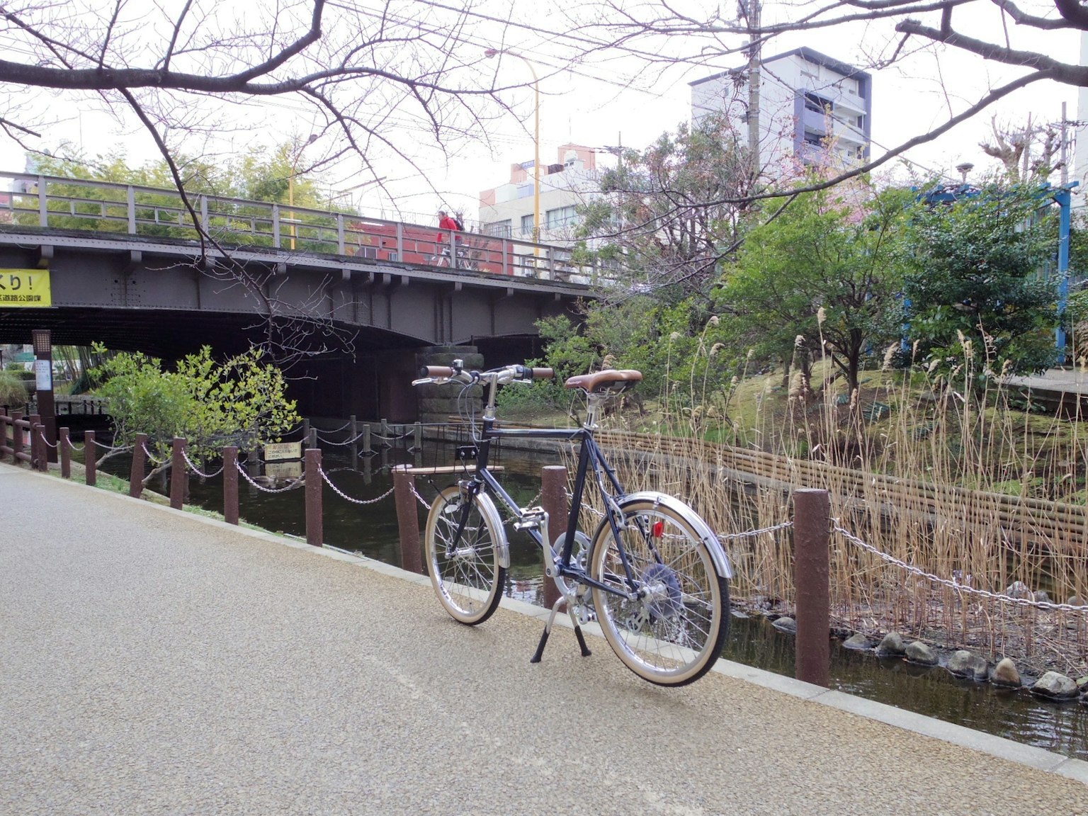 จักรยานจอดอยู่บนเส้นทางข้างแม่น้ำในสวน