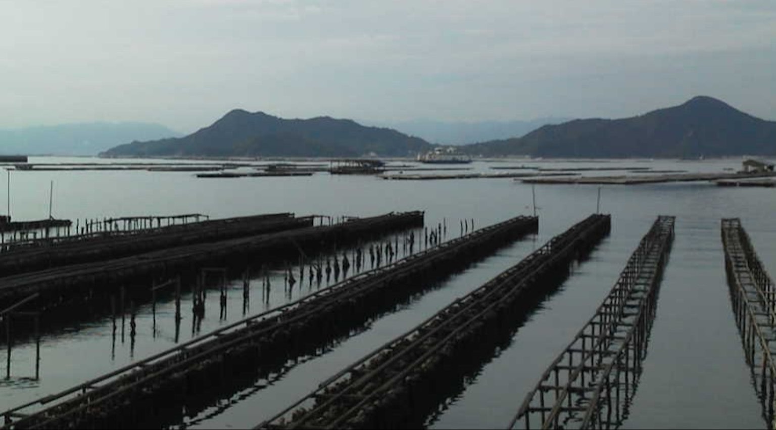 Calm sea with fishing boats and tidal flats
