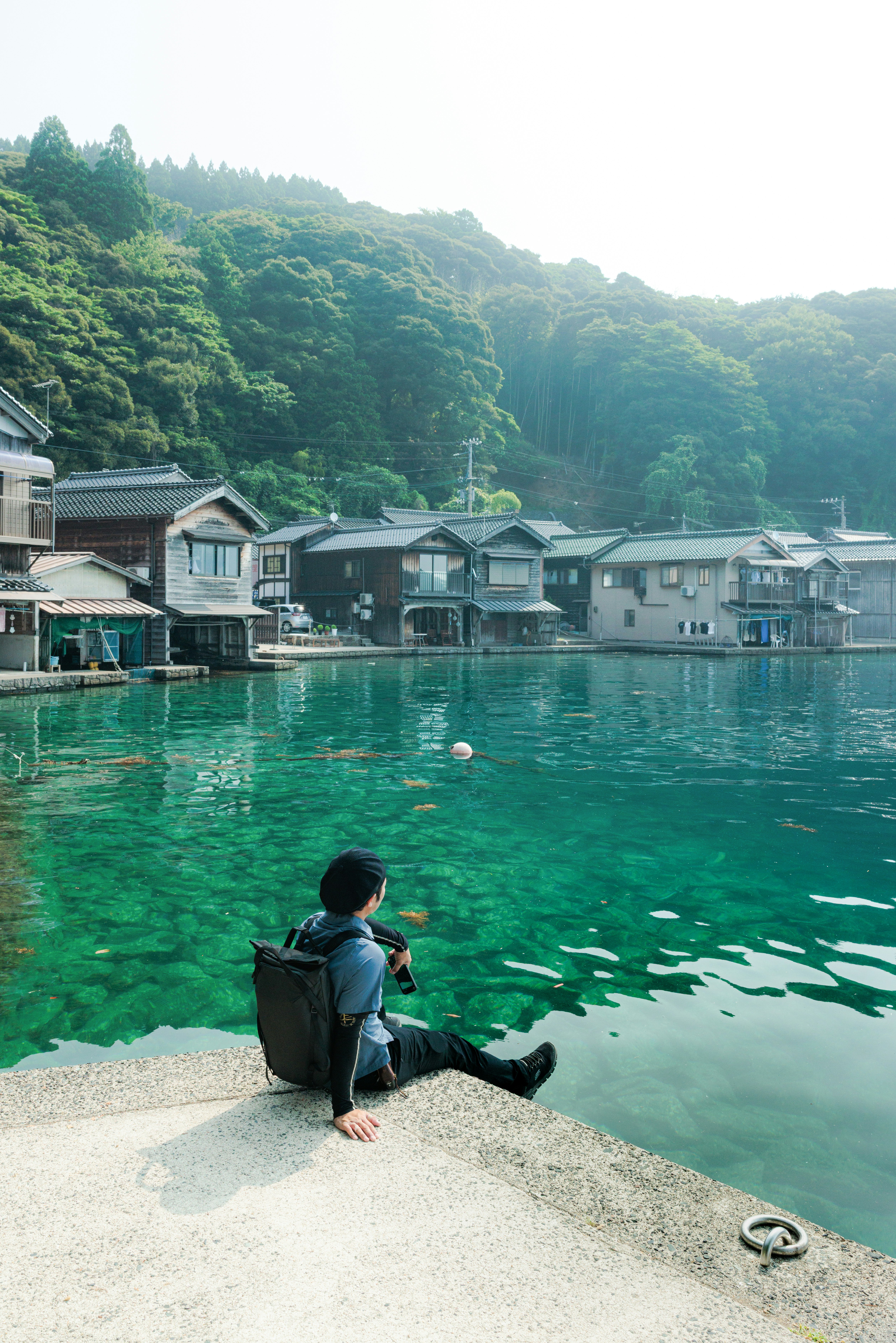 waterfront view of funaya boathouses in Ine, Kyoto