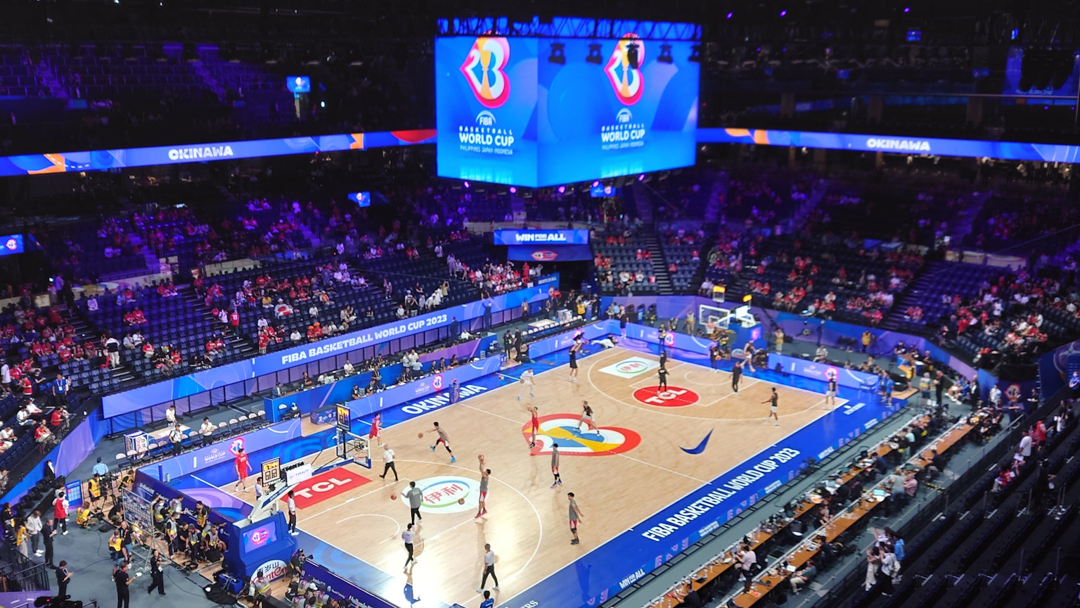 Overview of a basketball arena during a game