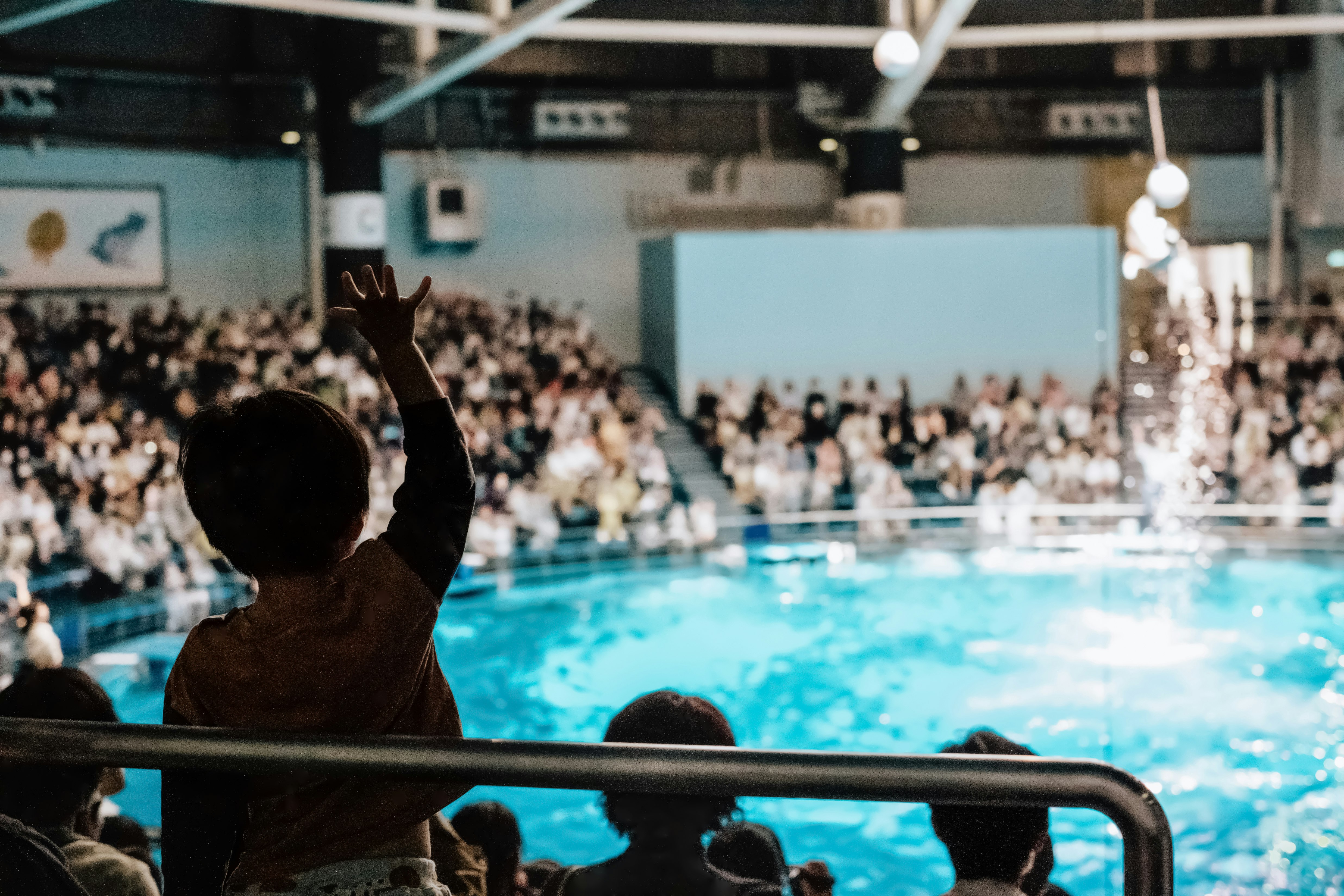 scène de public au bord de la piscine avec un enfant qui lève la main