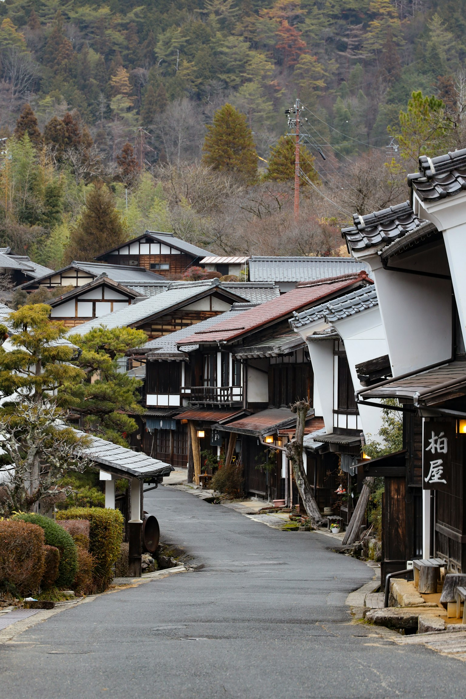 Quiet Japanese street lined with traditional houses and a stone-paved road