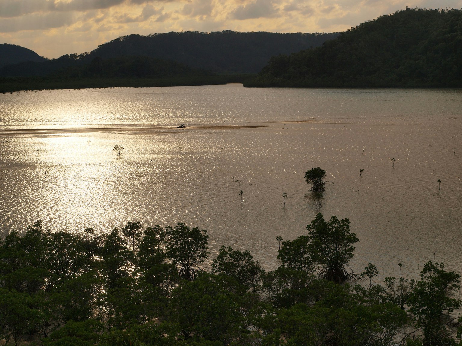 Agua tranquila reflejando la luz del atardecer con árboles verdes alrededor