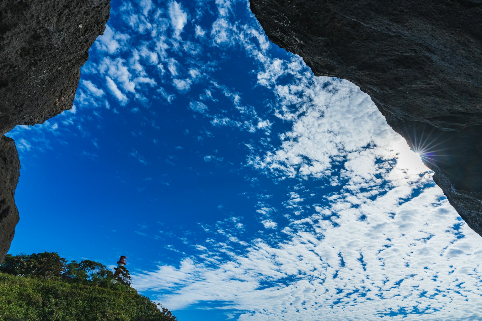 Vue du ciel bleu et des nuages blancs encadrée par des rochers