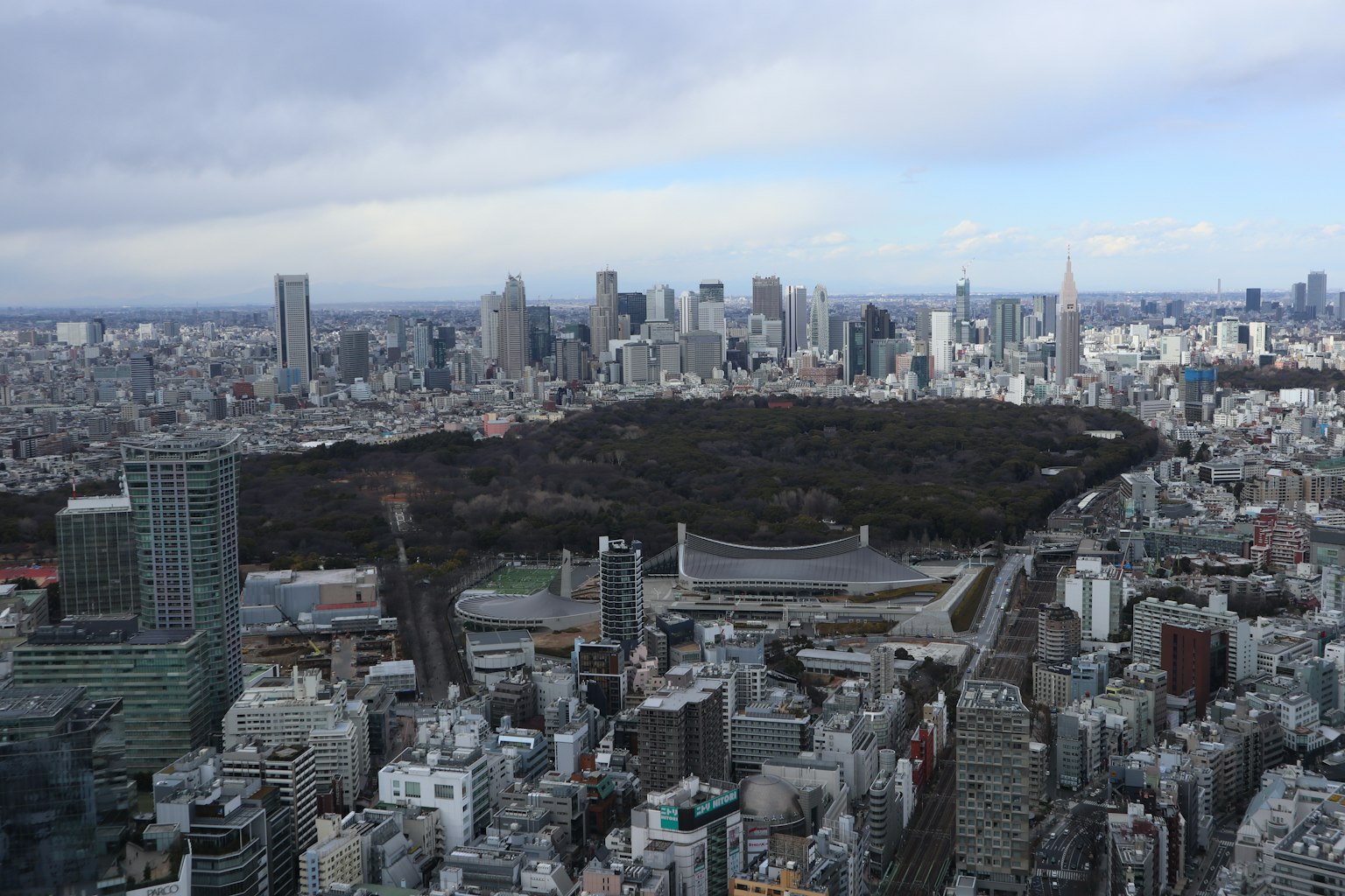 Vista aerea dello skyline di Tokyo con il parco Shinjuku Gyoen tra gli edifici urbani