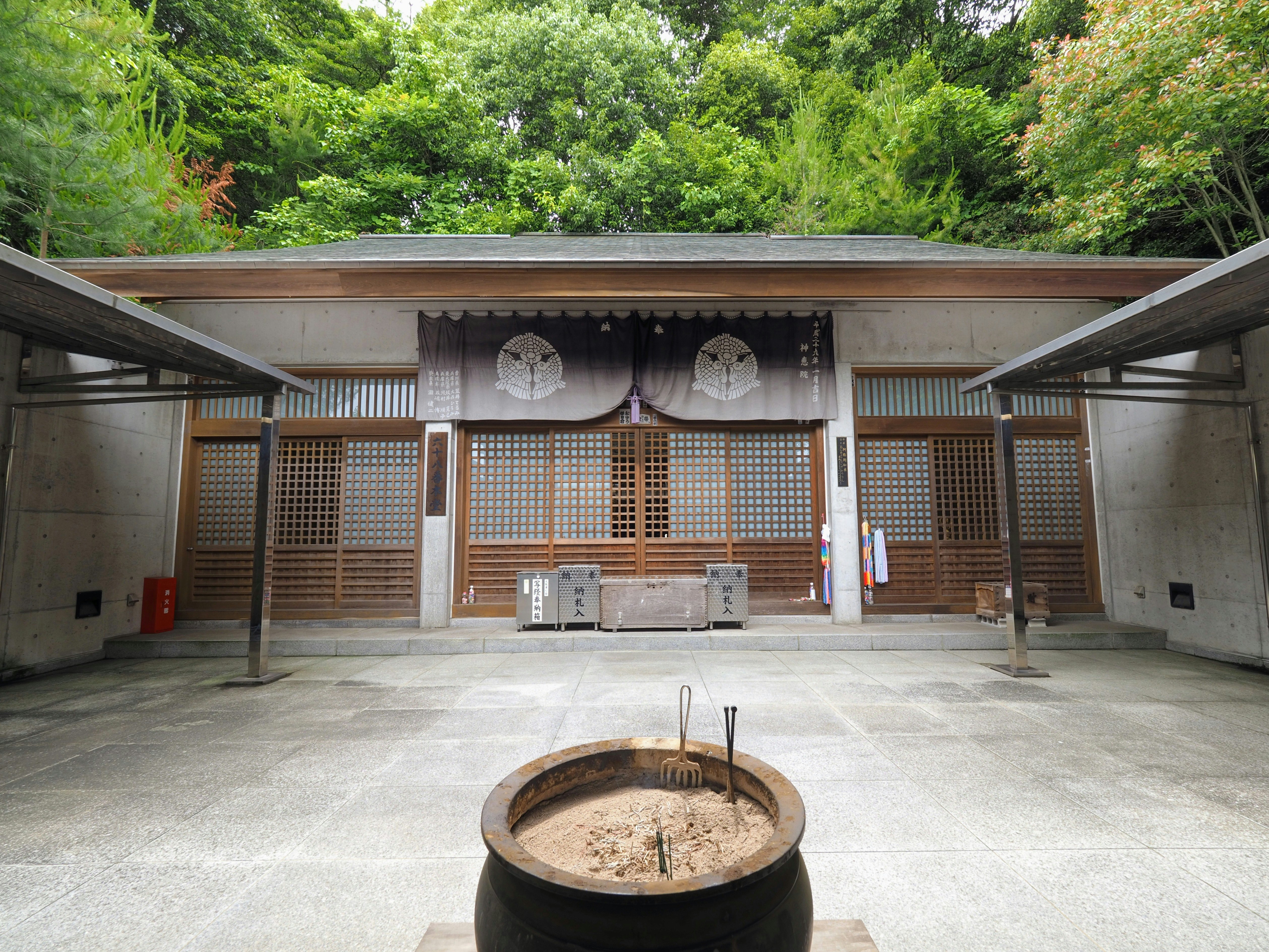 被綠意環繞的神社手水舍與拜殿