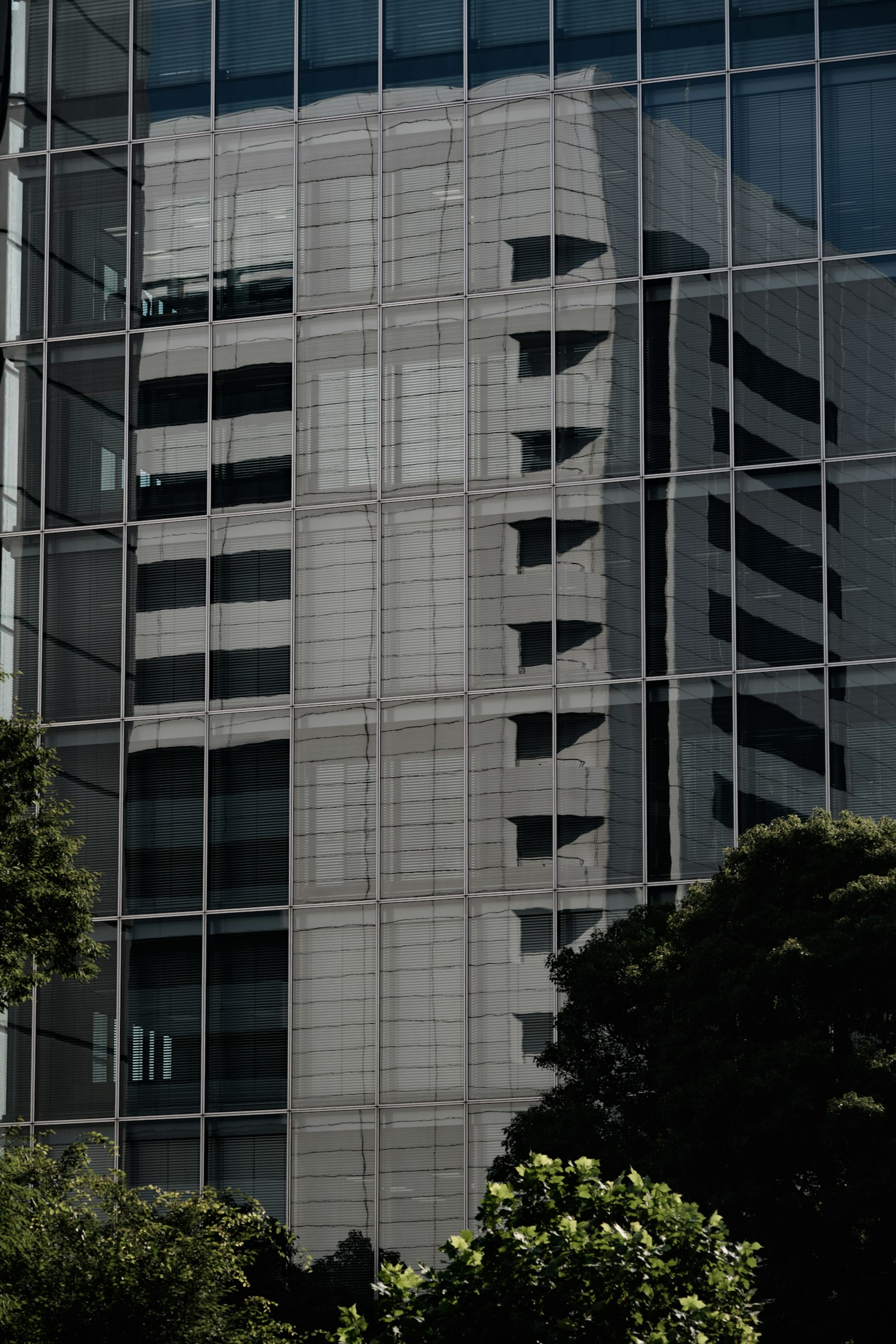 Reflection of a high-rise building on glass with surrounding greenery