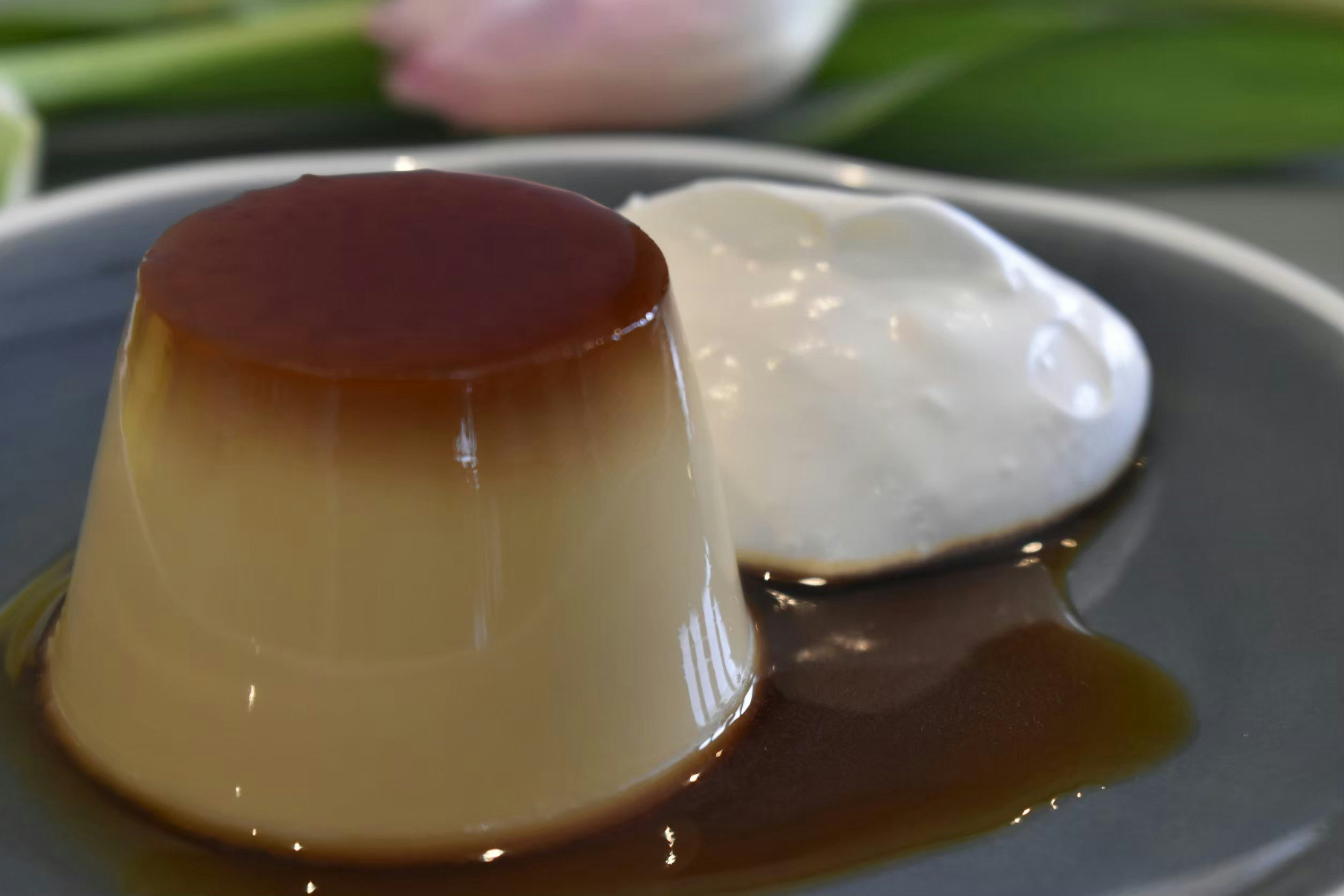 close-up of melting pudding with caramel sauce