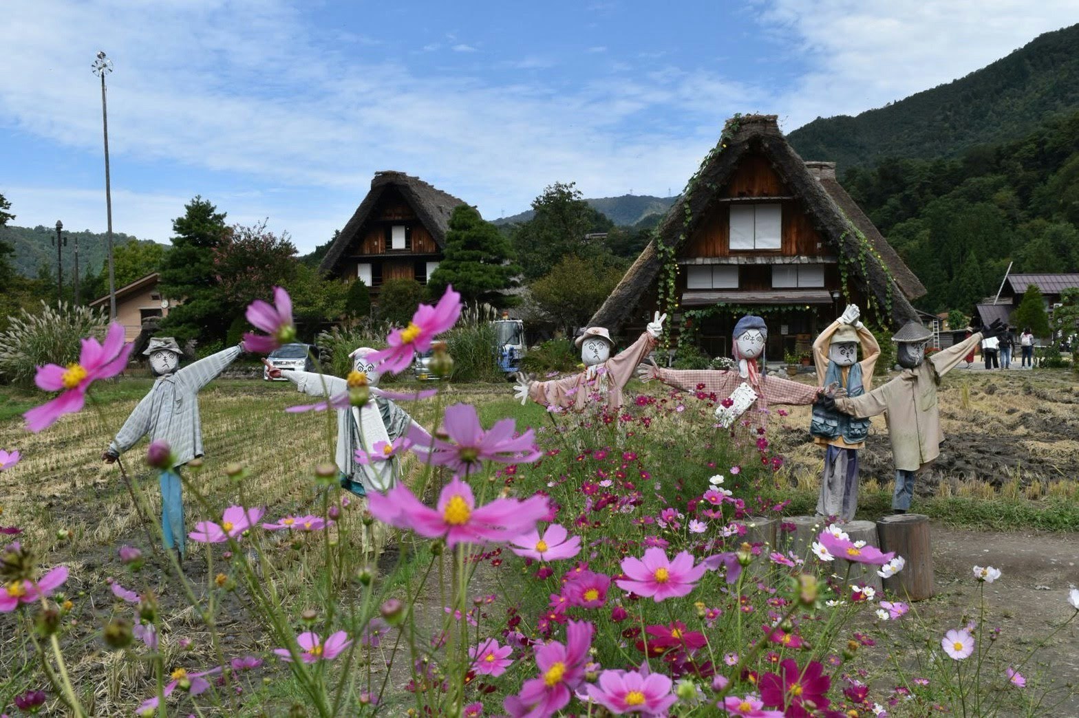 花畑の前に並ぶ茅葺き屋根の家々
