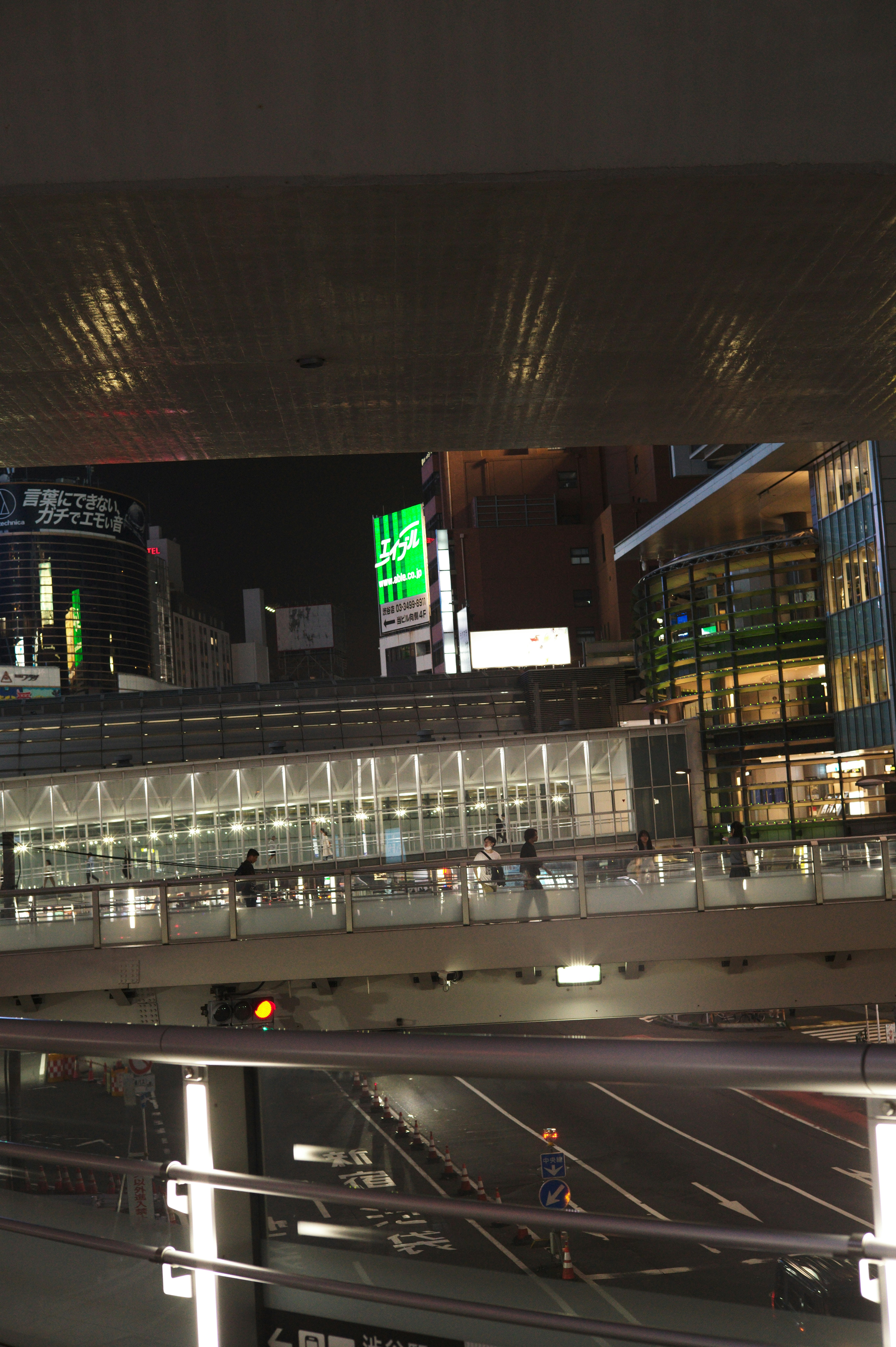 intérieur de gare la nuit avec quais et trains sous une structure surélevée