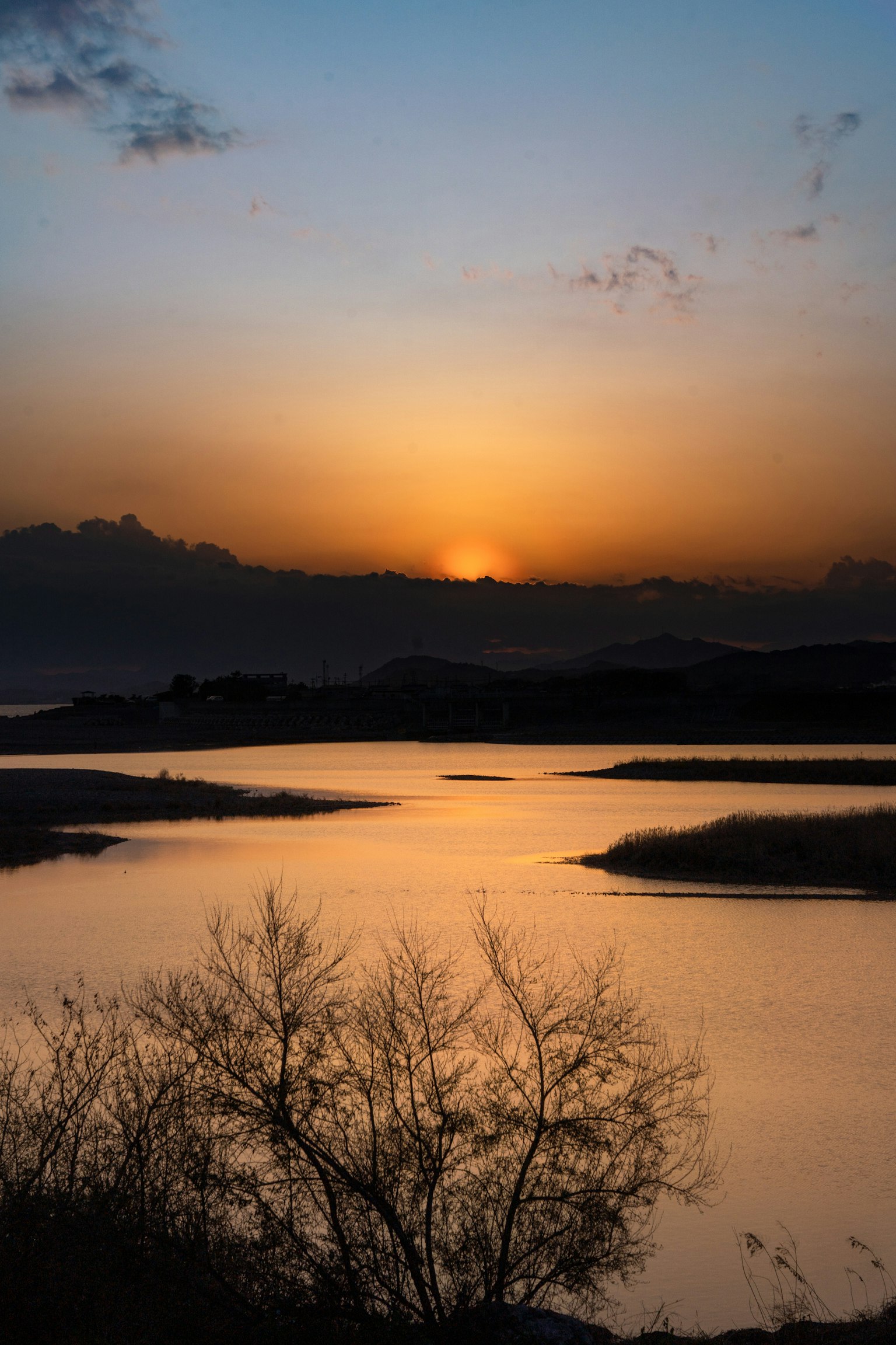 Vista escénica de un atardecer sobre un lago con árboles en silueta
