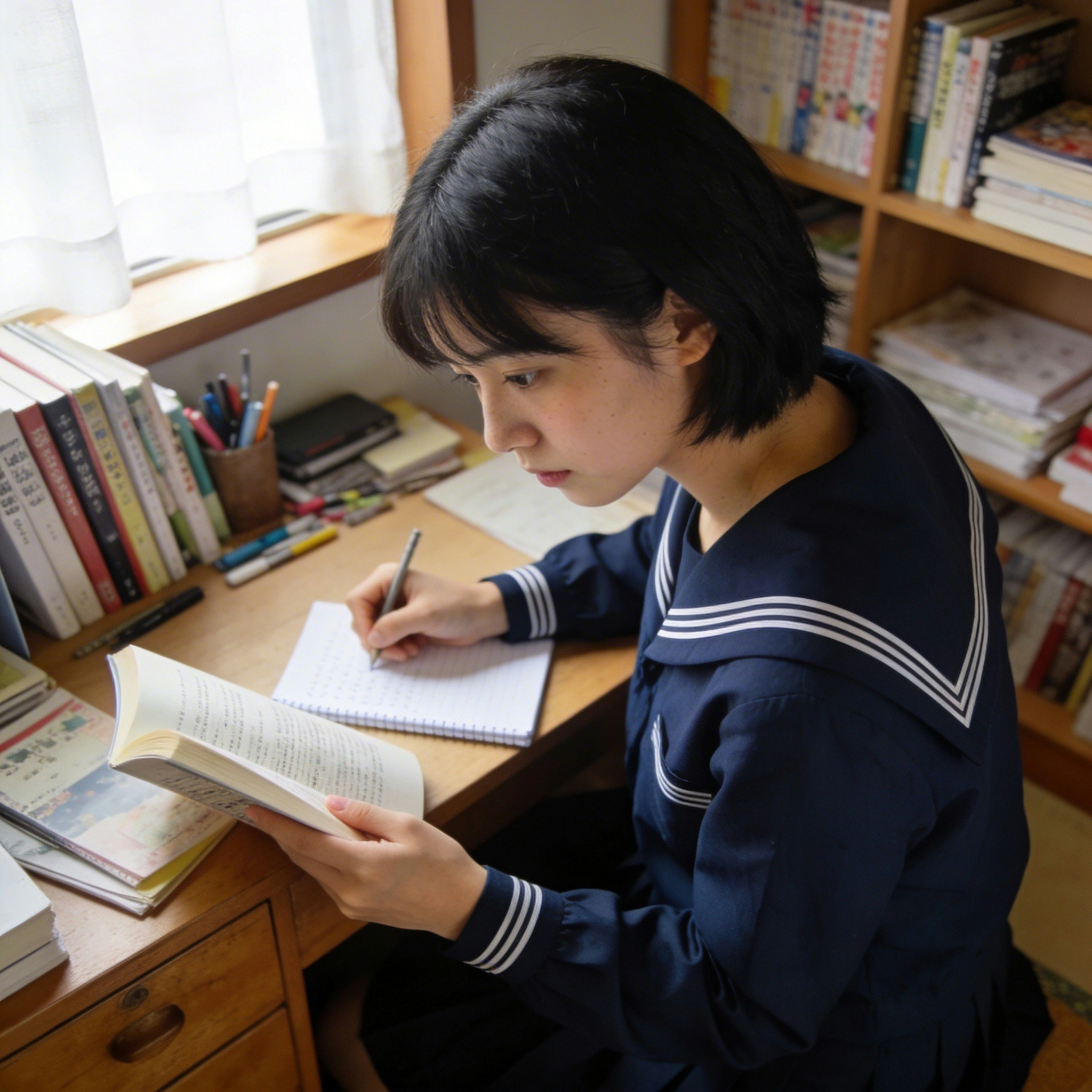 student studying at a desk in a home room