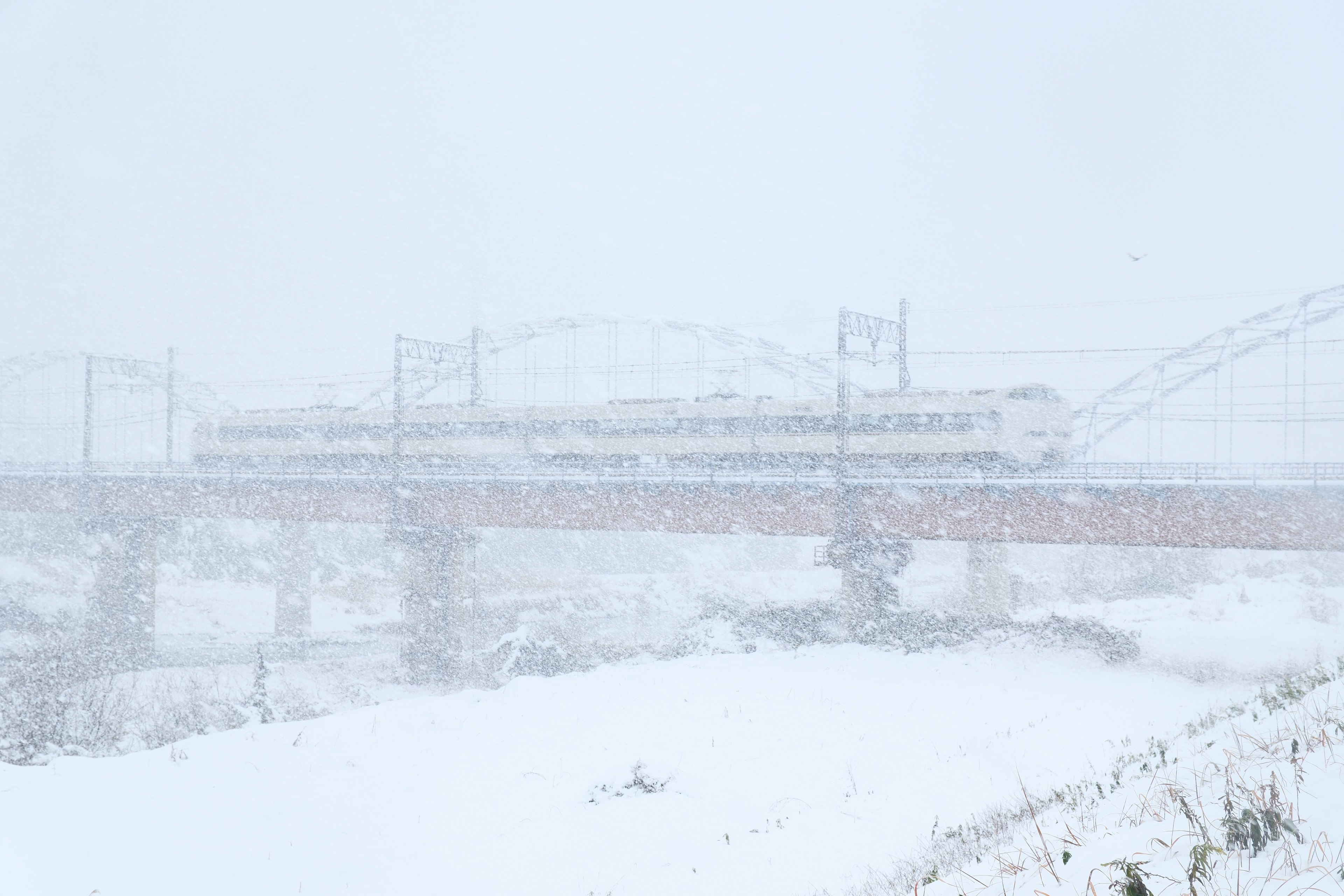 雪の中を走る山陰本線の電車