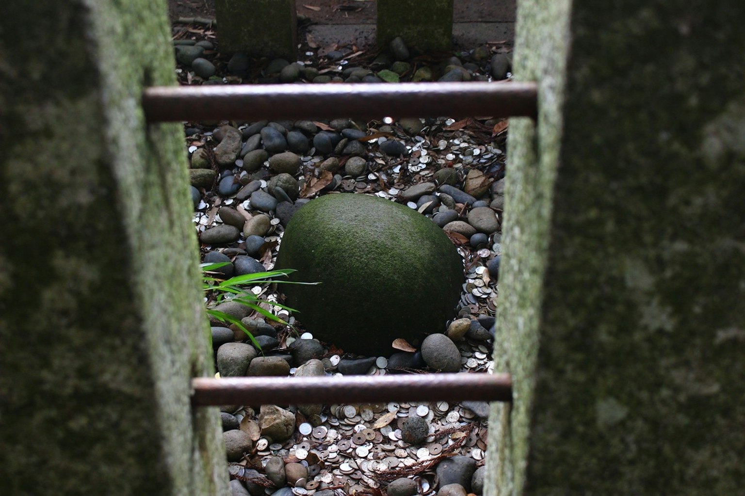 Green round stone among pebbles viewed through metal bars