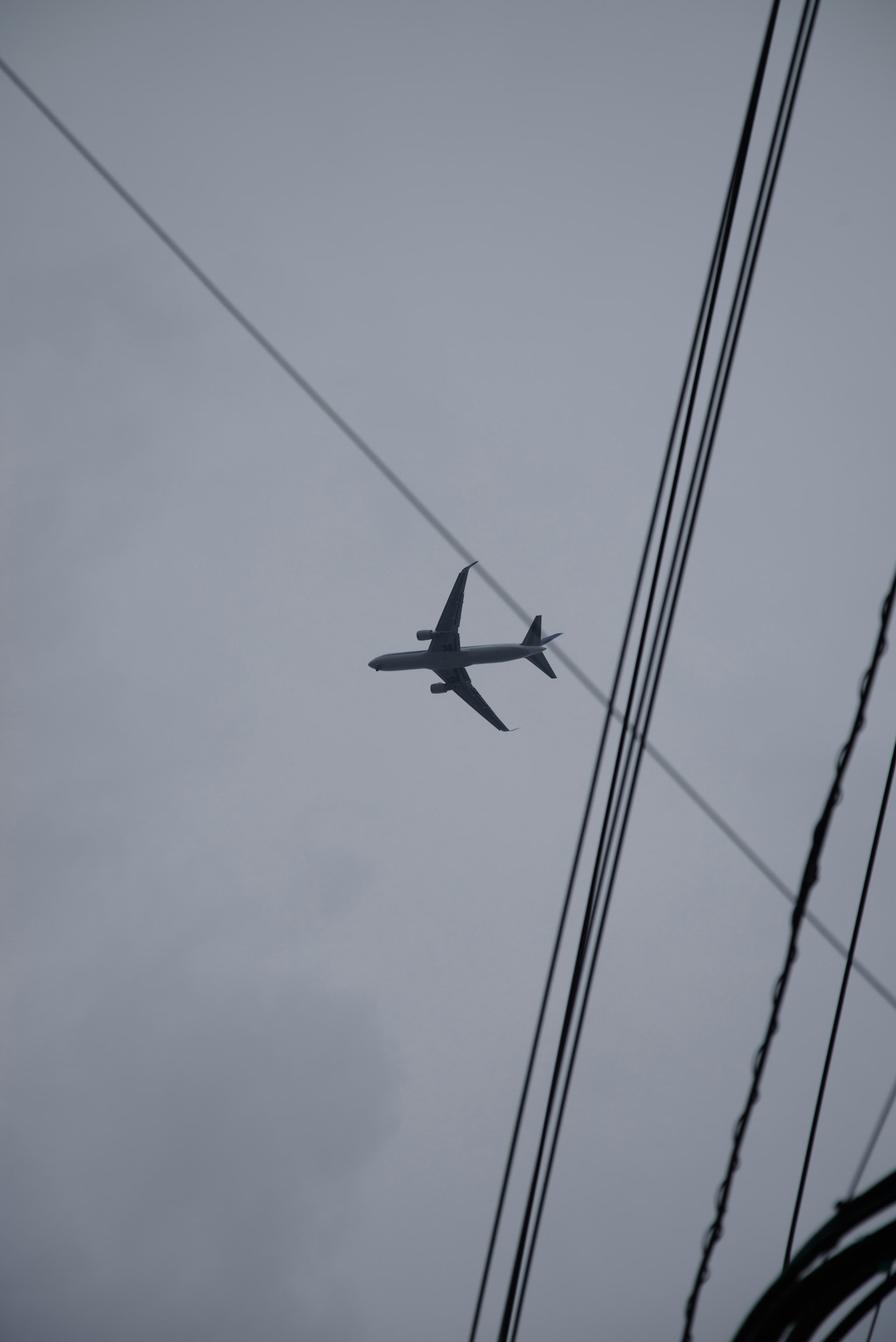 Ein Flugzeug fliegt über Stromleitungen vor einem grauen Himmel
