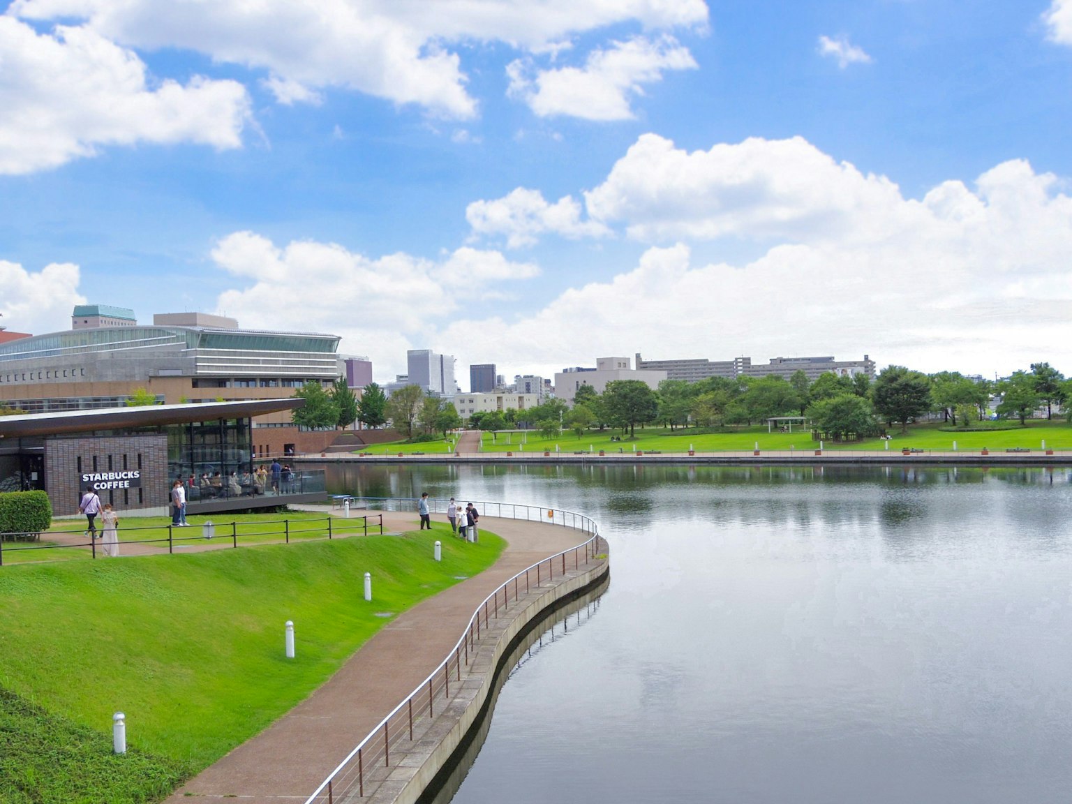 蓝天下的公园和河流景观有建筑和绿色草坪