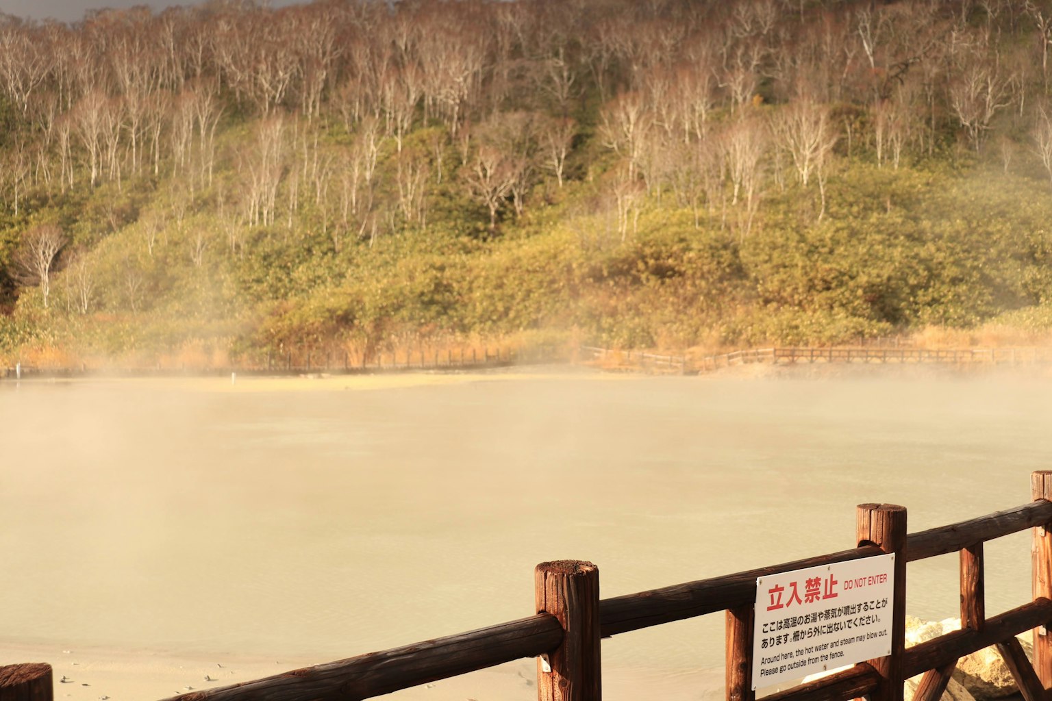 寧靜的湖面，熱泉蒸氣升起