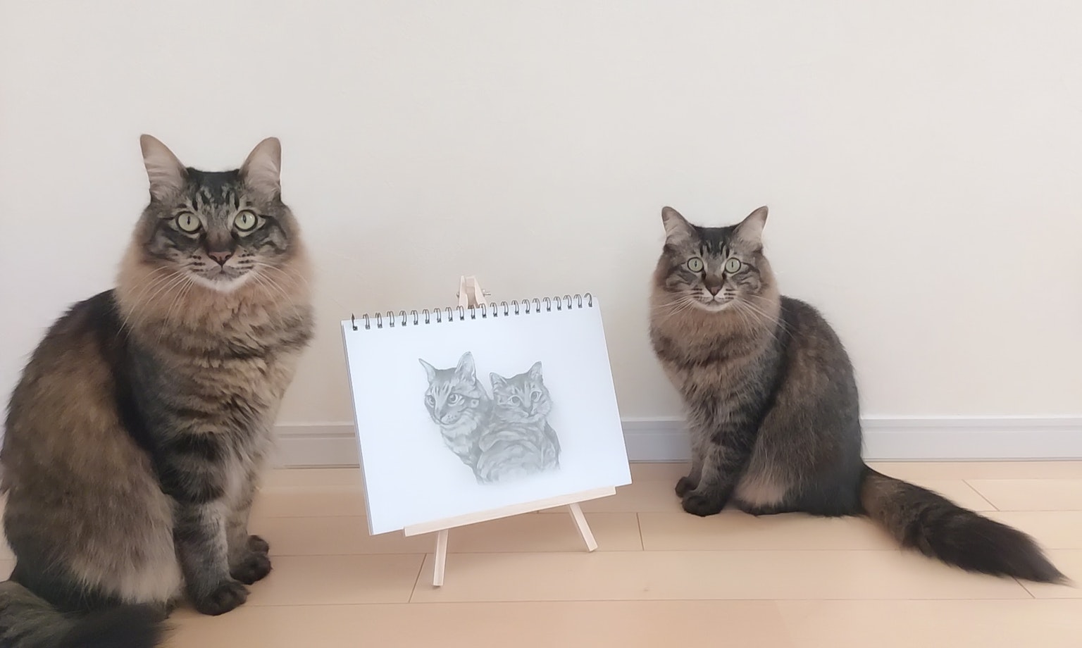 Due gatti che guardano un disegno di gatti su un piccolo cavalletto