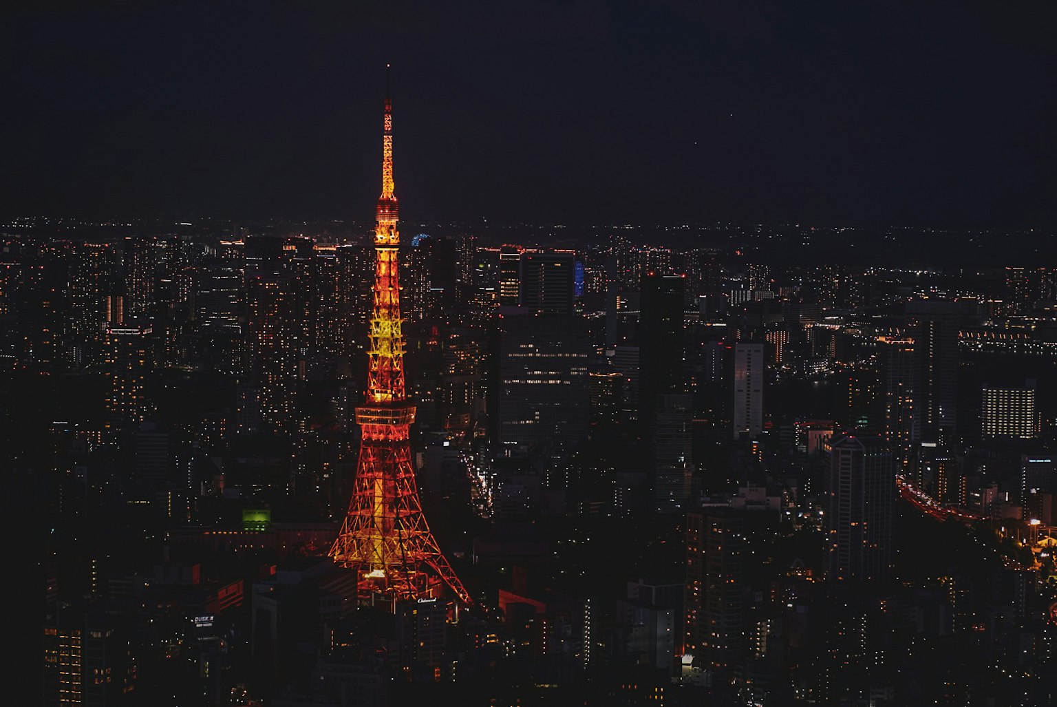 Menara Tokyo yang diterangi di malam hari dengan pemandangan kota yang hidup