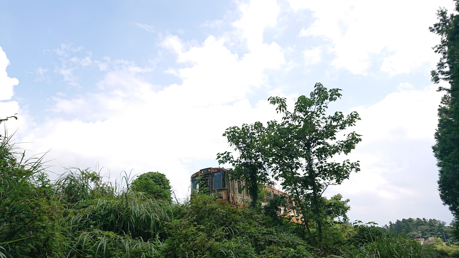 An old train on a green hillside under a blue sky