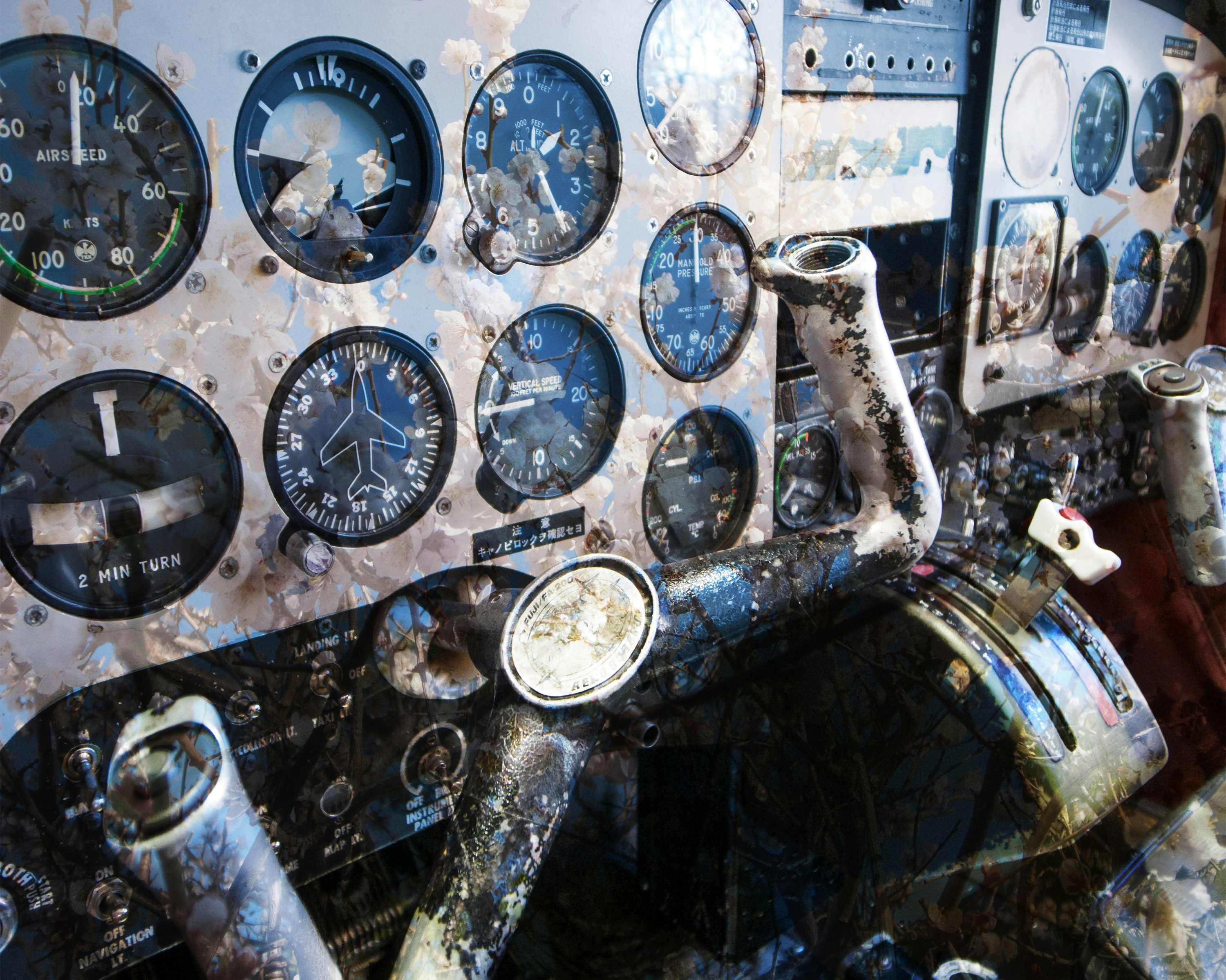 close-up of vintage gauges and dials on a control panel