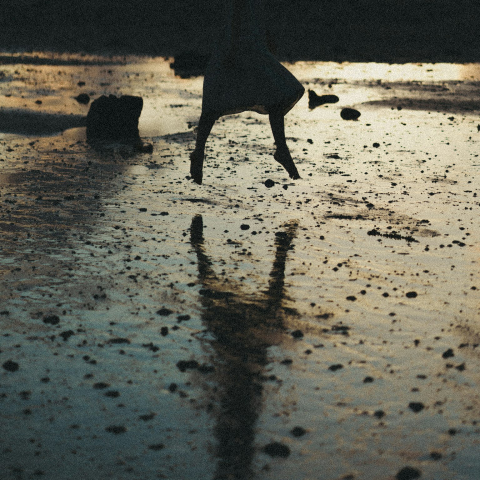 Reflection in water with stones and a silhouette