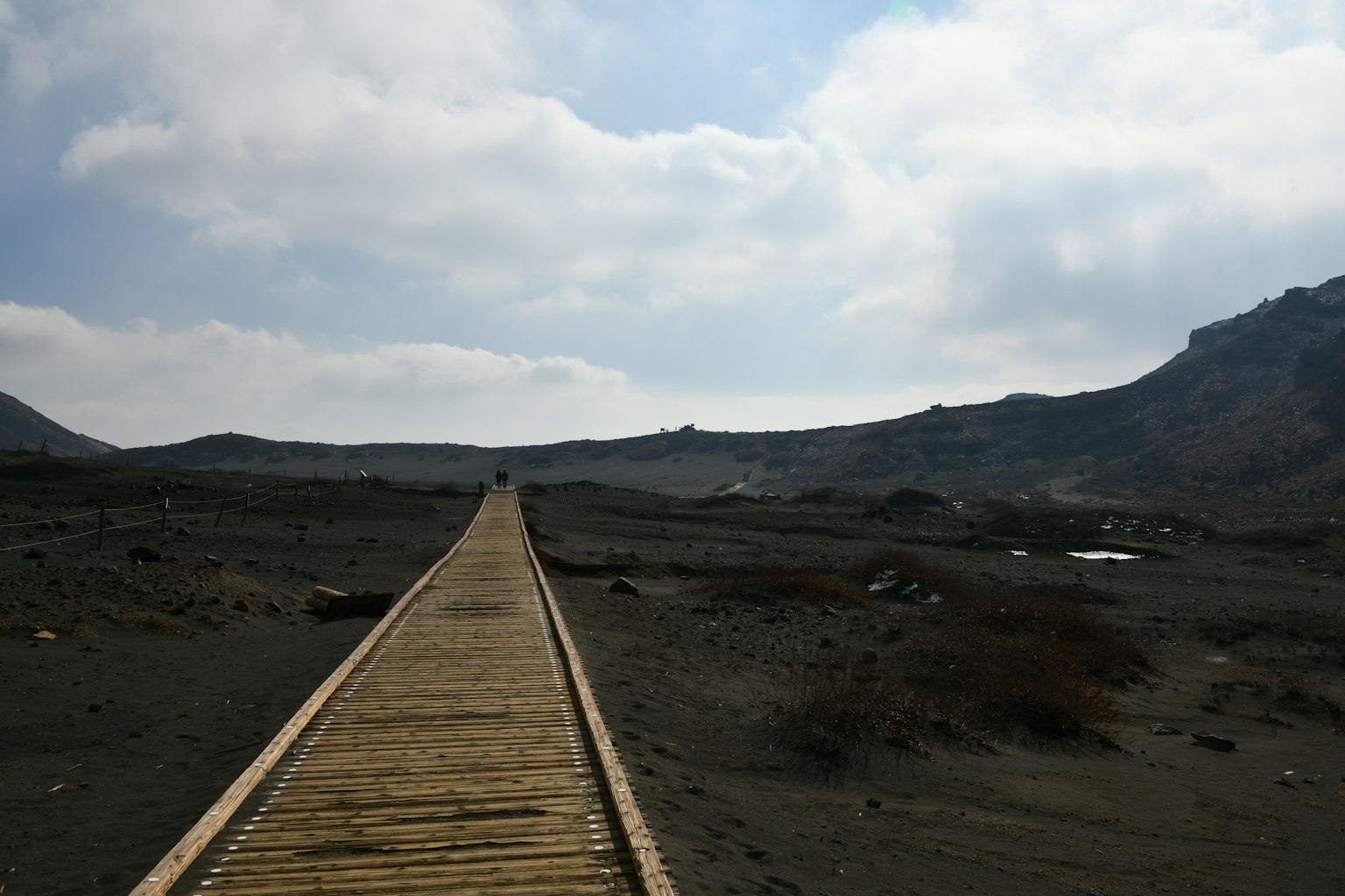 Pasarela de madera que se extiende sobre un paisaje bajo un cielo nublado
