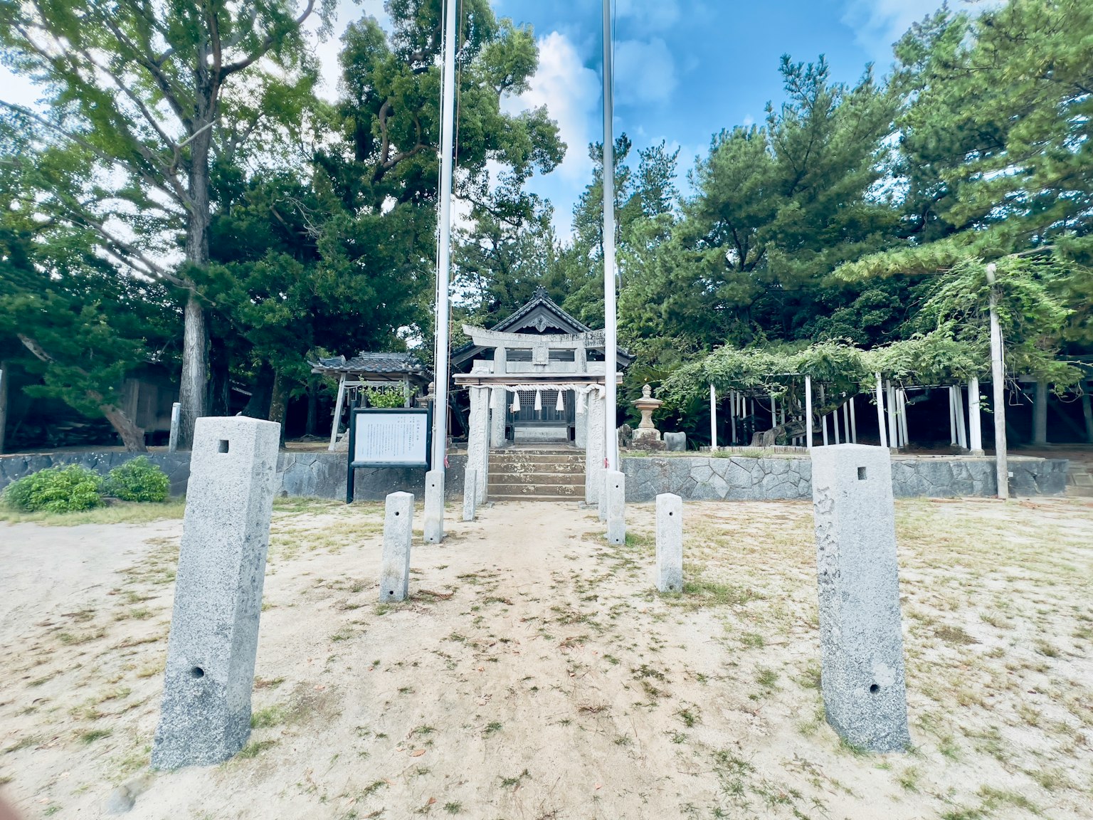 神社入口及周围树木和石柱的景观