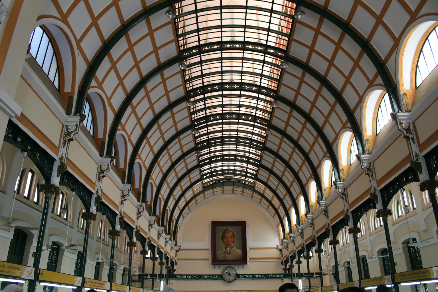 Interior view of Saigon Central Post Office featuring beautiful arched ceiling
