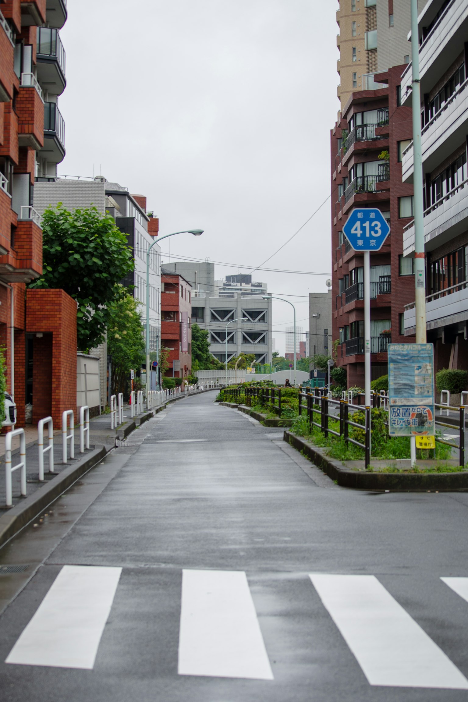 Ruhige Straßenszene mit einem Zebrastreifen und umliegenden Gebäuden