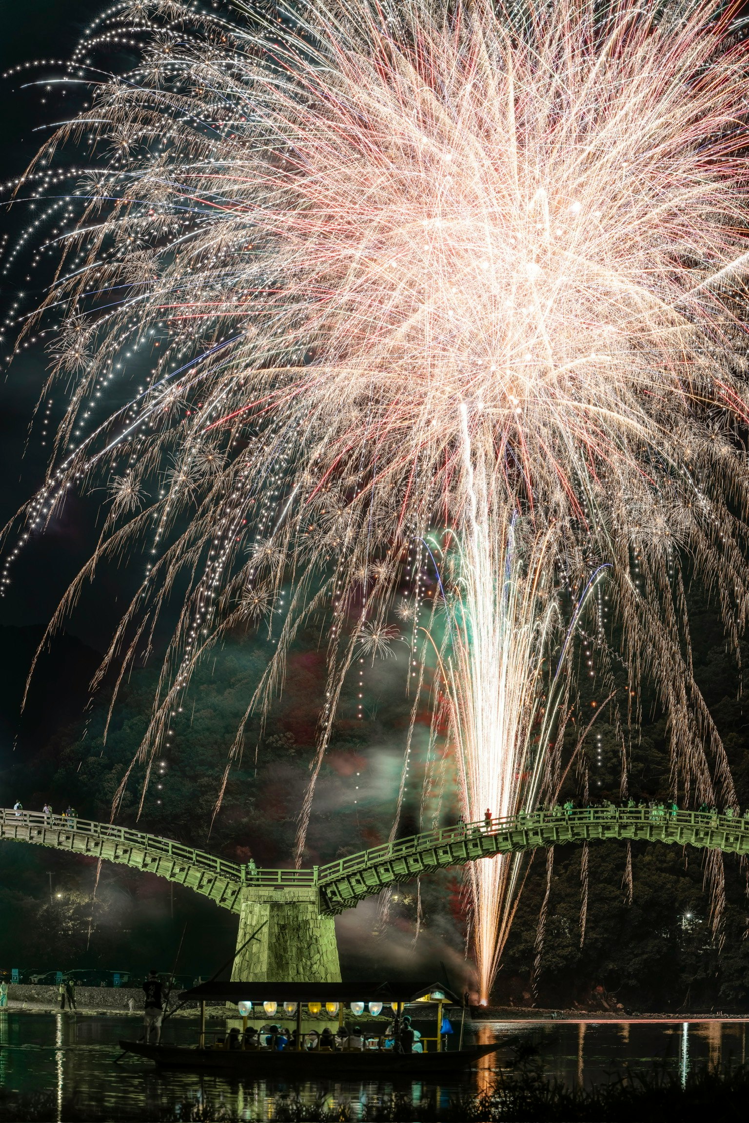 ภาพสวยของดอกไม้ไฟที่ส่องสว่างในยามค่ำคืนพร้อมผู้คนที่รวมตัวอยู่บนสะพาน