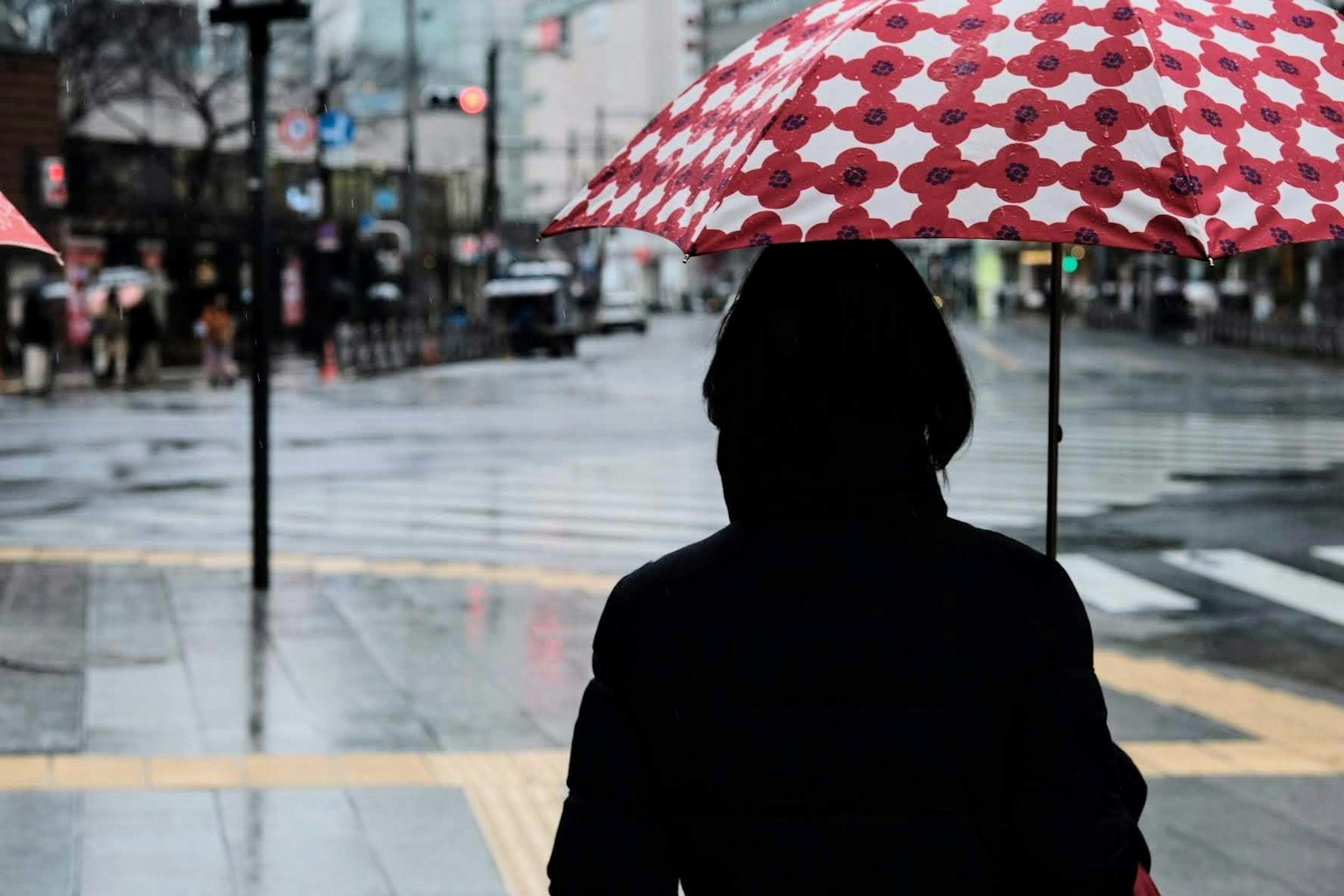 一個人手持紅色格子傘站在雨中的城市景象