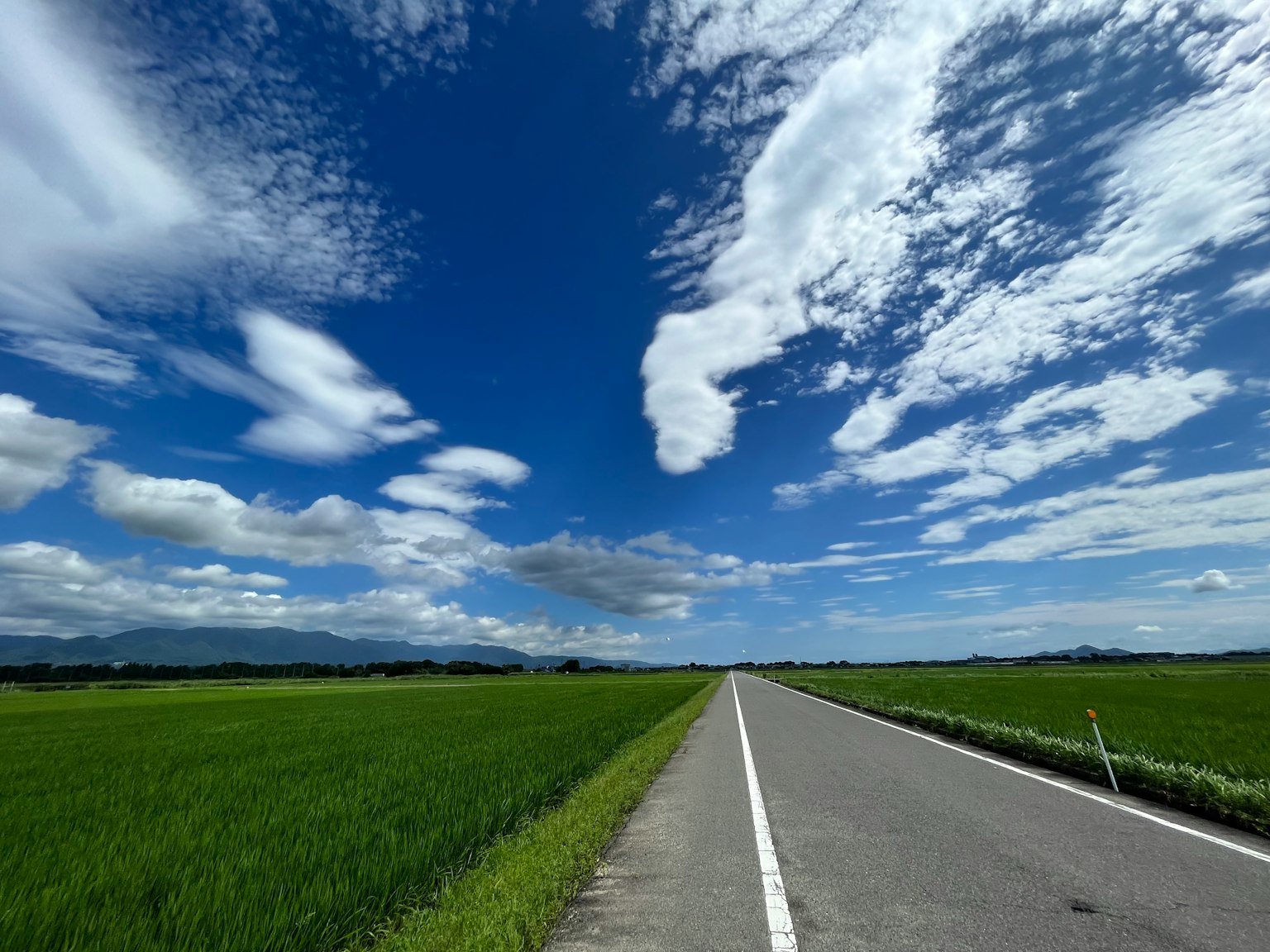 Paisaje rural con una carretera bajo un cielo azul y nubes