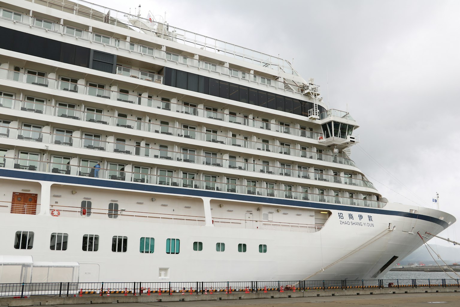 A large cruise ship docked at the harbor