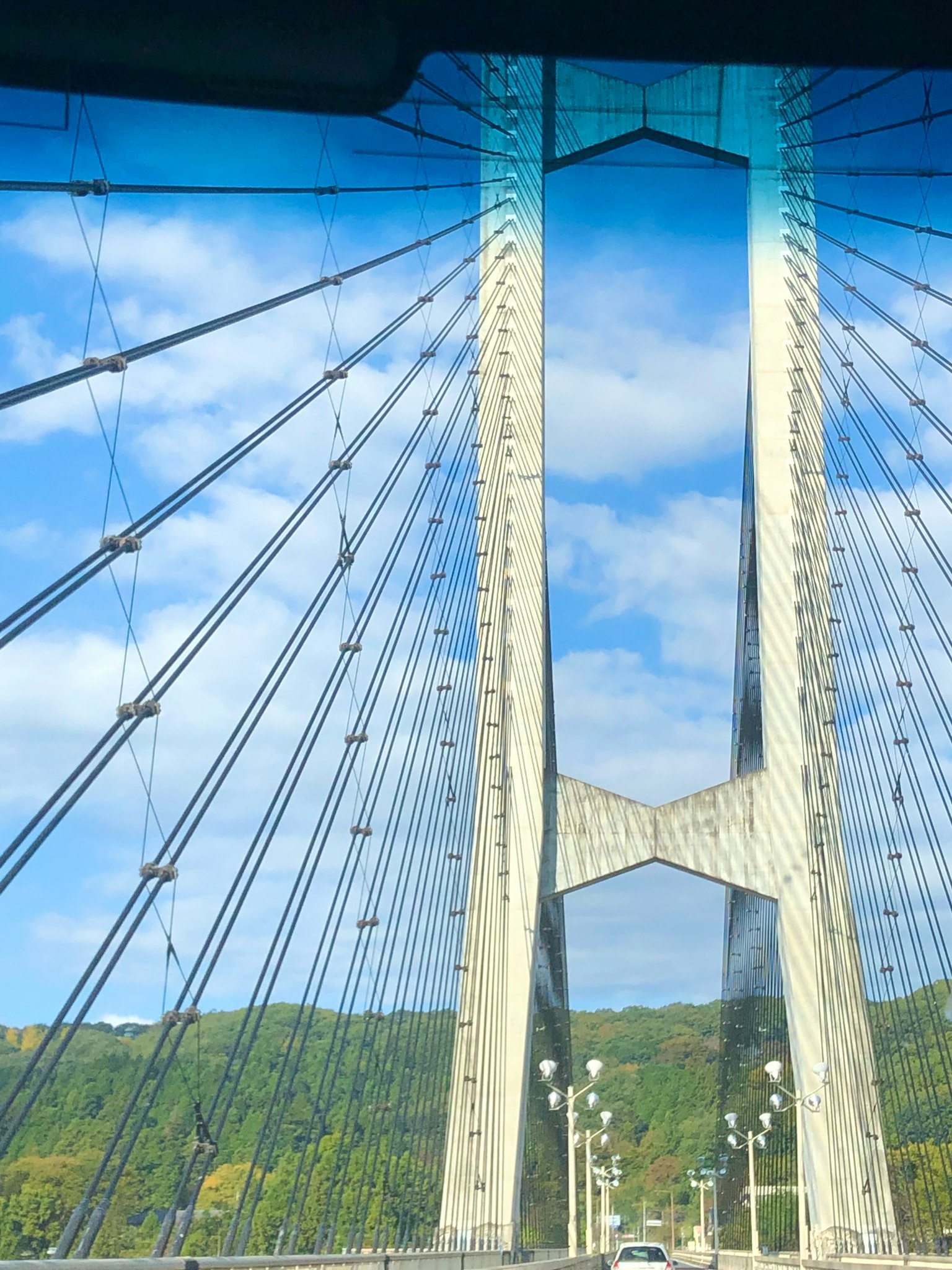 Vista di un ponte sospeso con design architettonico unico e cielo blu