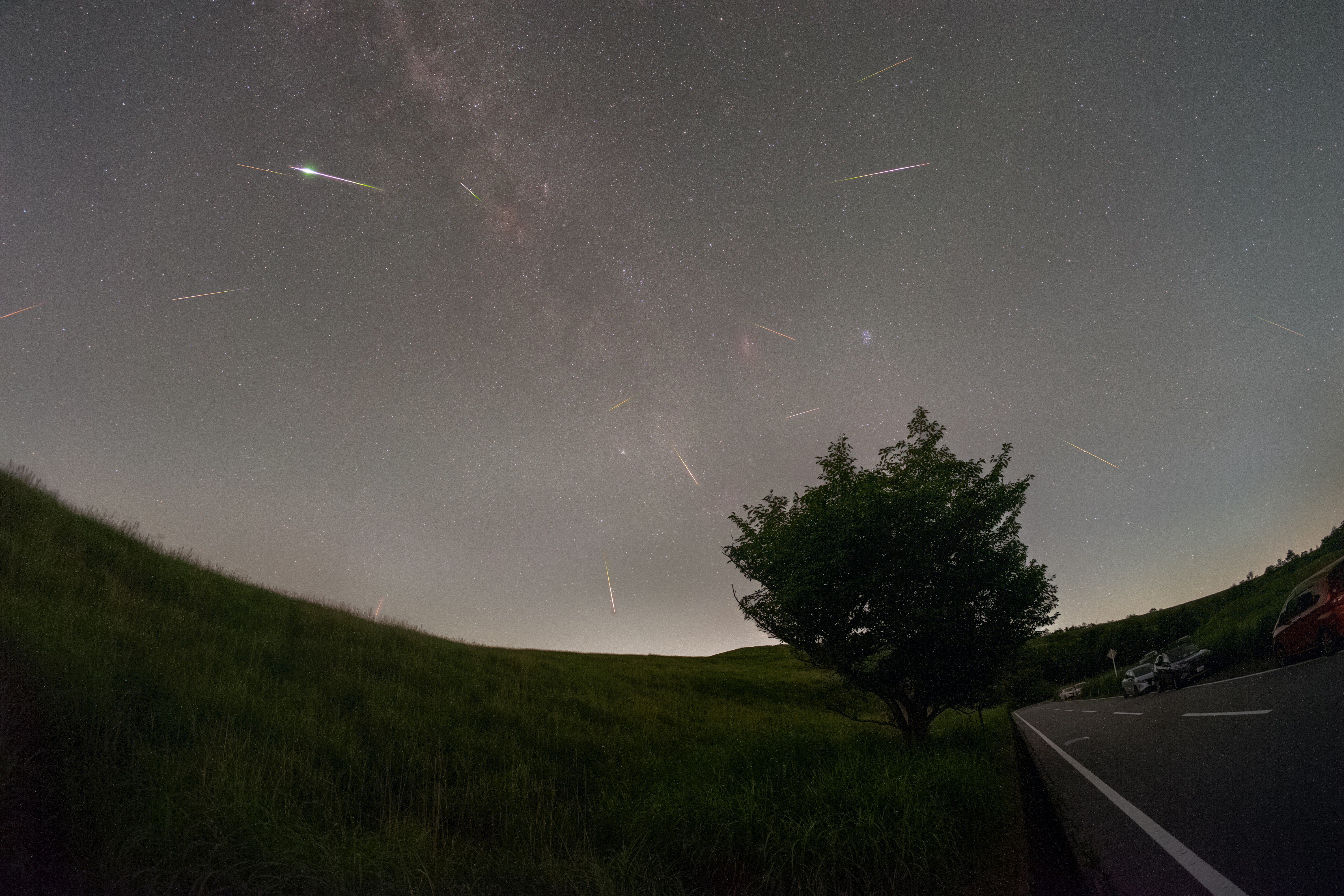 丘陵の草地と木、夜空に流れる星のある田舎道