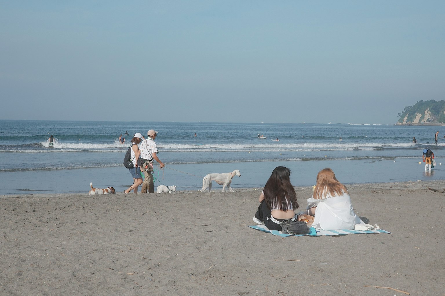Due donne che si rilassano sulla spiaggia con cani nelle vicinanze