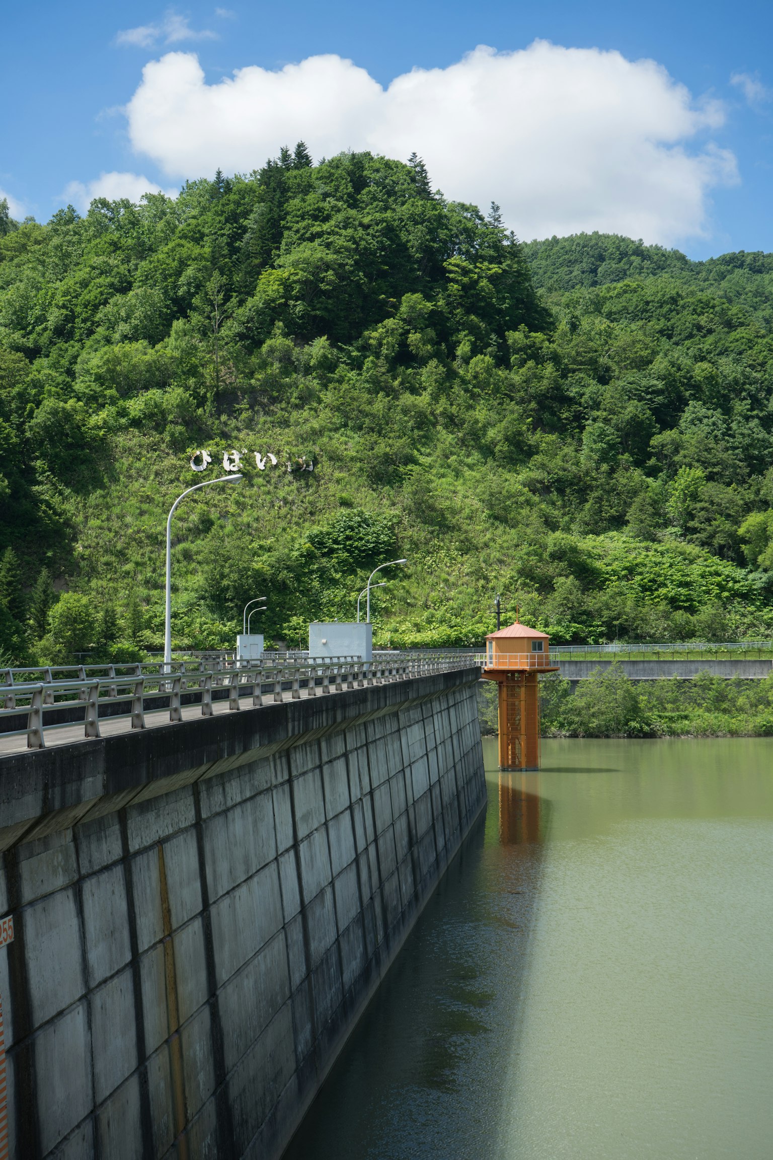Pemandangan indah bendungan dengan dinding beton dikelilingi perbukitan hijau