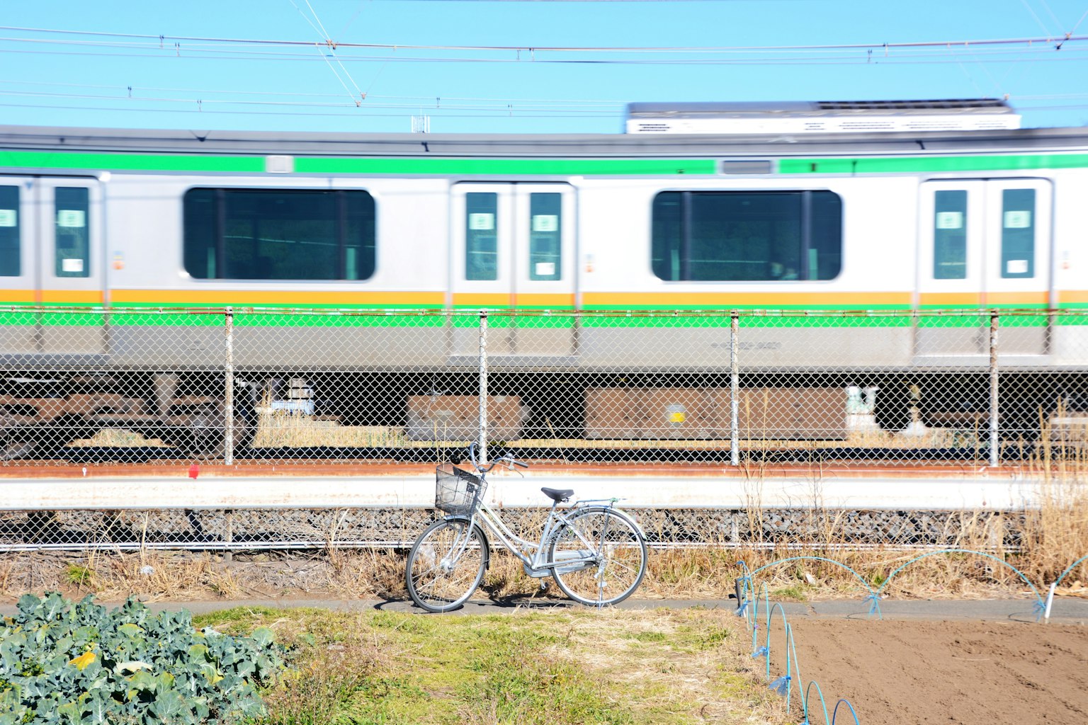 Ein grüner und silberner Zug fährt vorbei mit einem Fahrrad in der Nähe