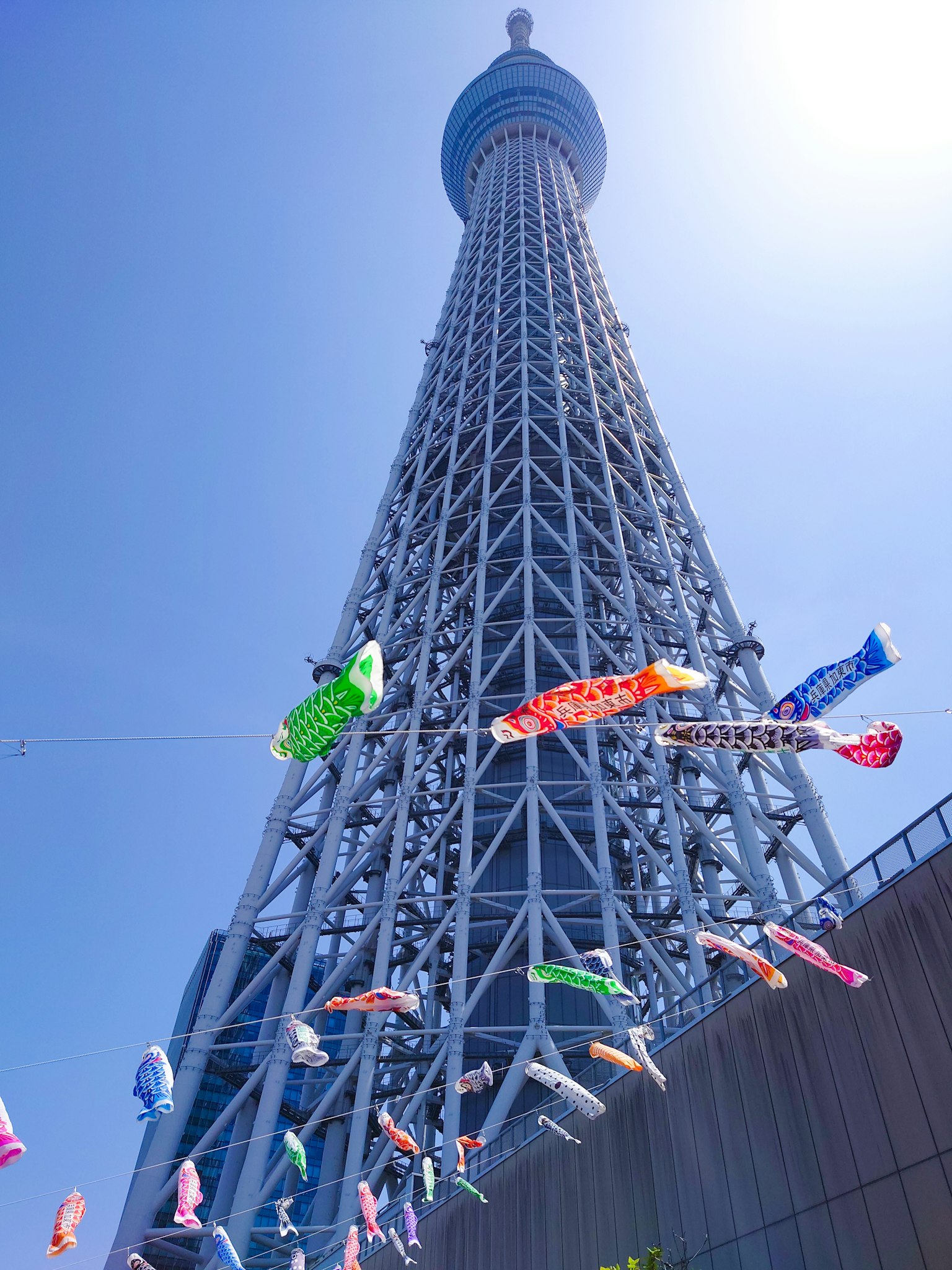 从下方看东京晴空塔彩色鲤鱼旗在风中飘扬
