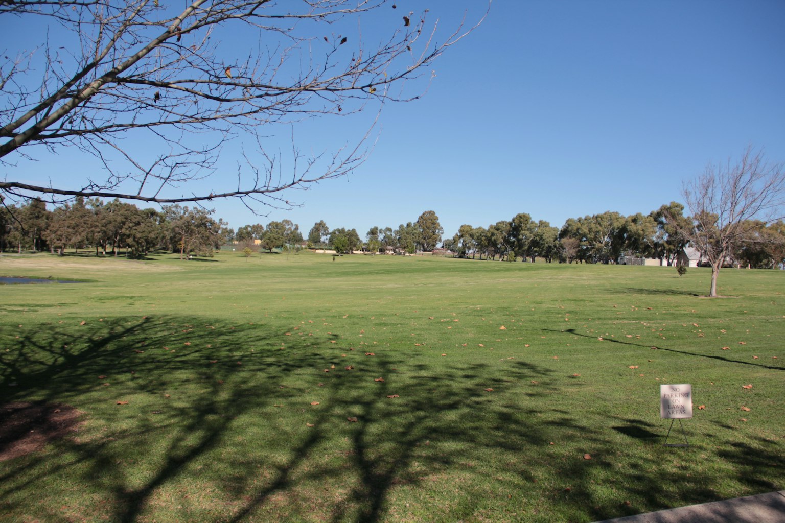 Eine malerische Ansicht eines Golfplatzes unter einem blauen Himmel mit Baum Schatten auf dem Gras