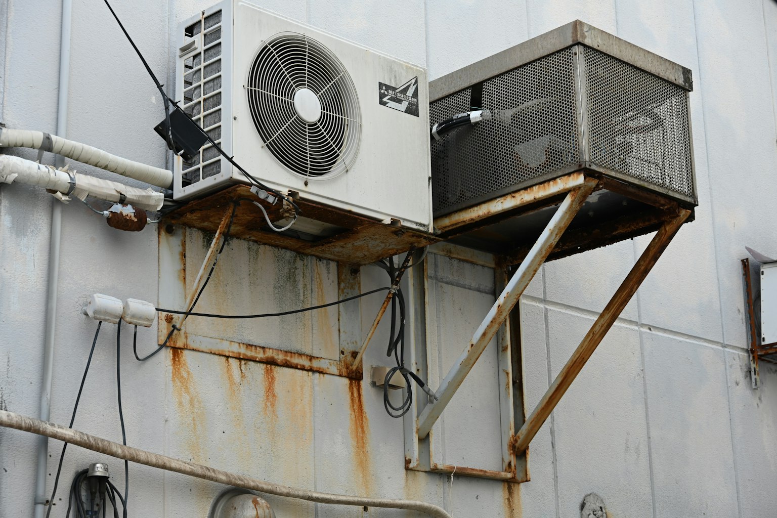 Old air conditioning unit and metal box mounted on a wall