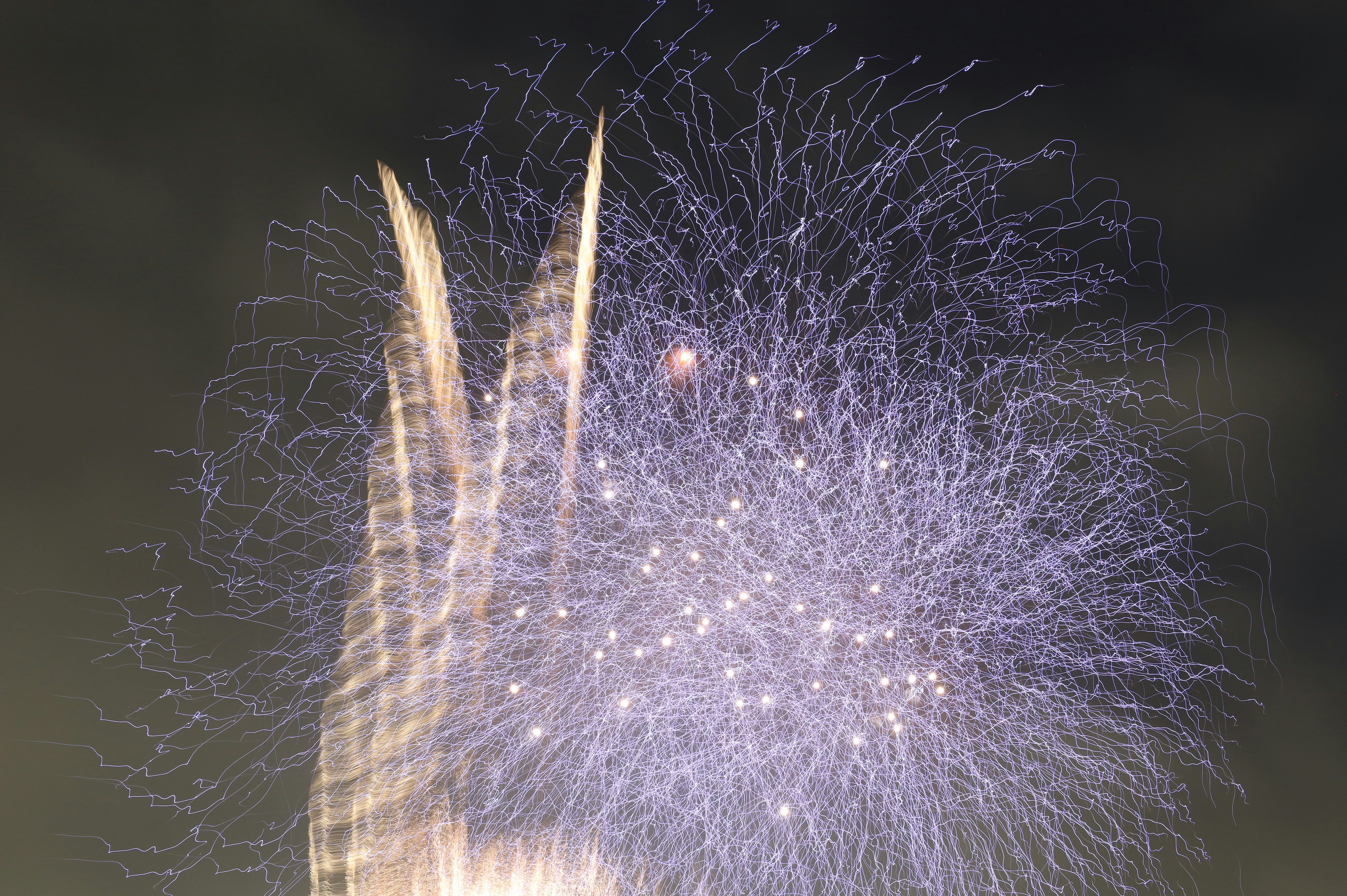 夜空に広がる花火の光の糸