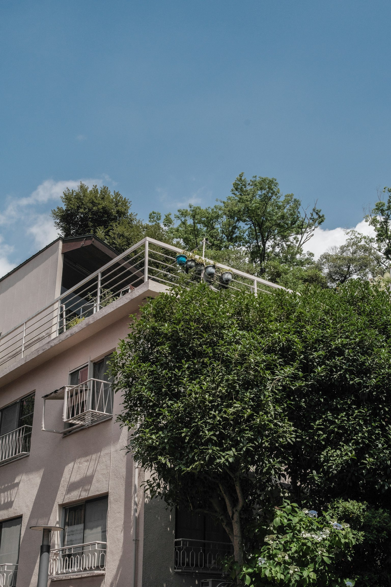 อาคารต่ำพร้อมระเบียงใต้ท้องฟ้าสีฟ้าใส