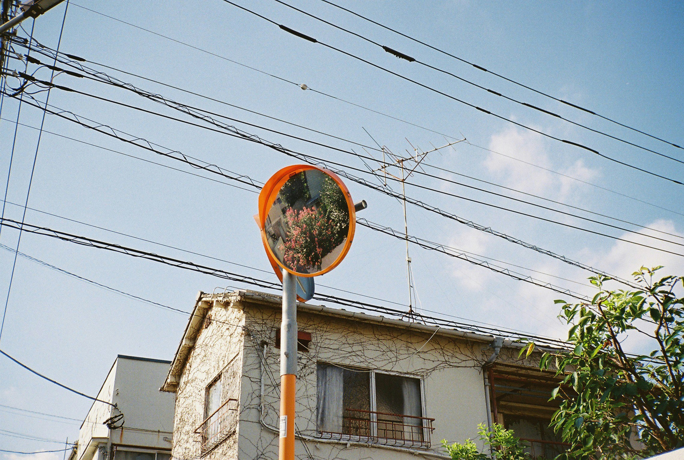 電線と街灯のある住宅街の空