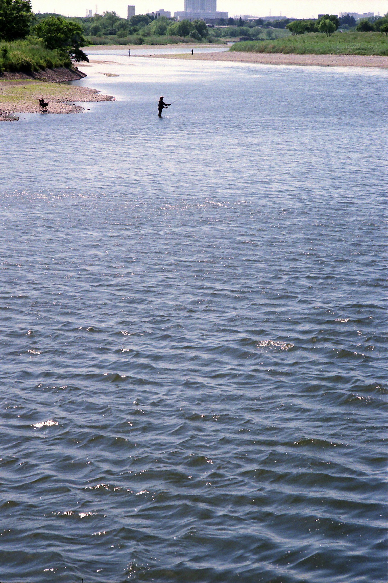 Escena de un pescador de pie en aguas tranquilas del río