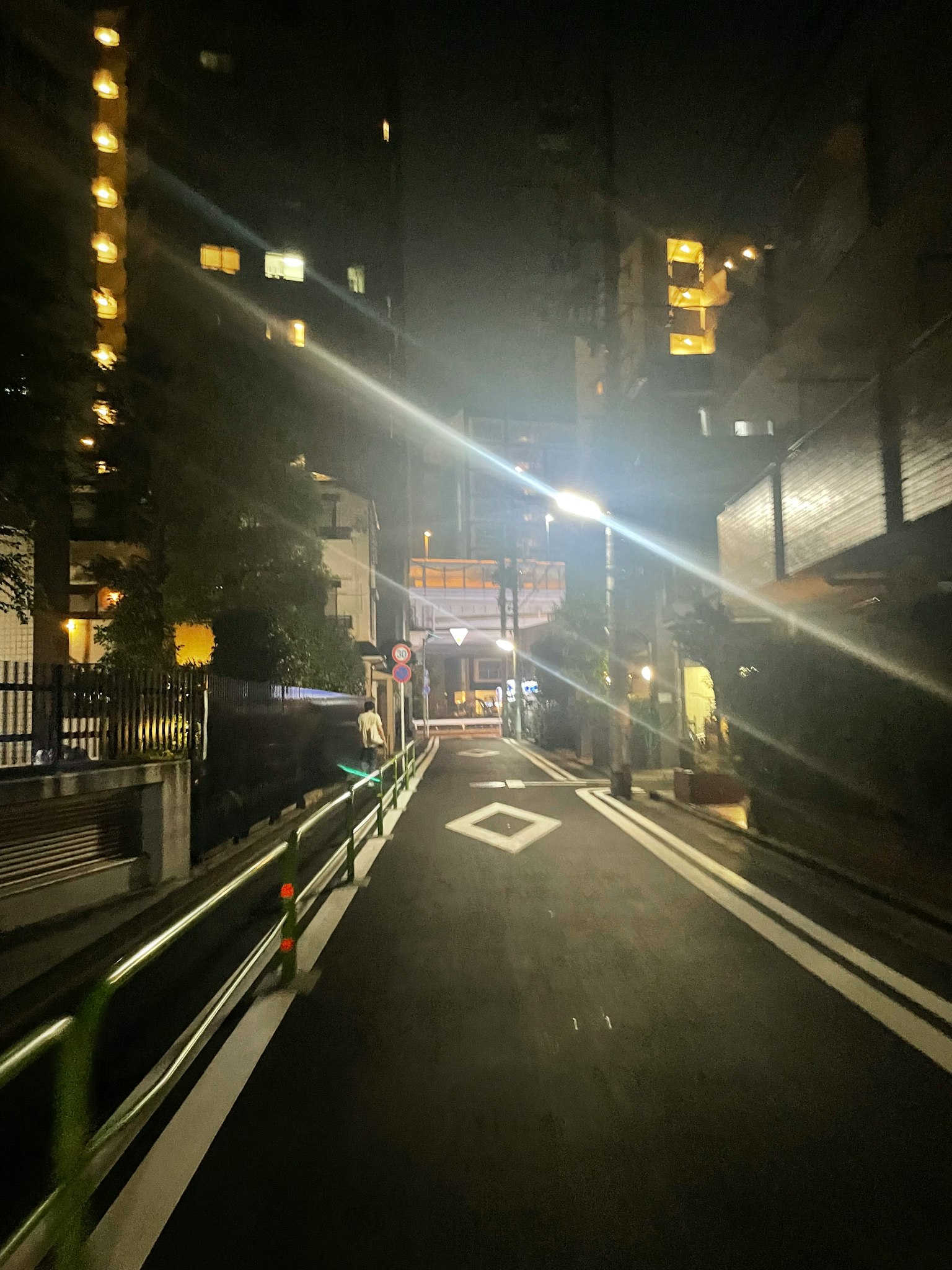 밤에 도쿄의 좁은 골목과 밝은 가로등과 건물