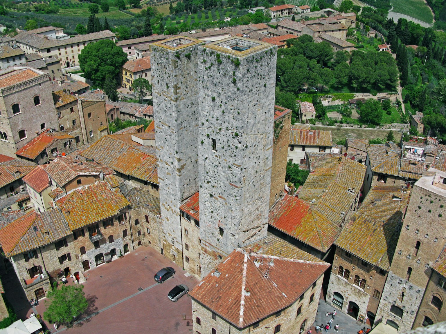 Aerial view of medieval towers and buildings in San Gimignano Tuscany