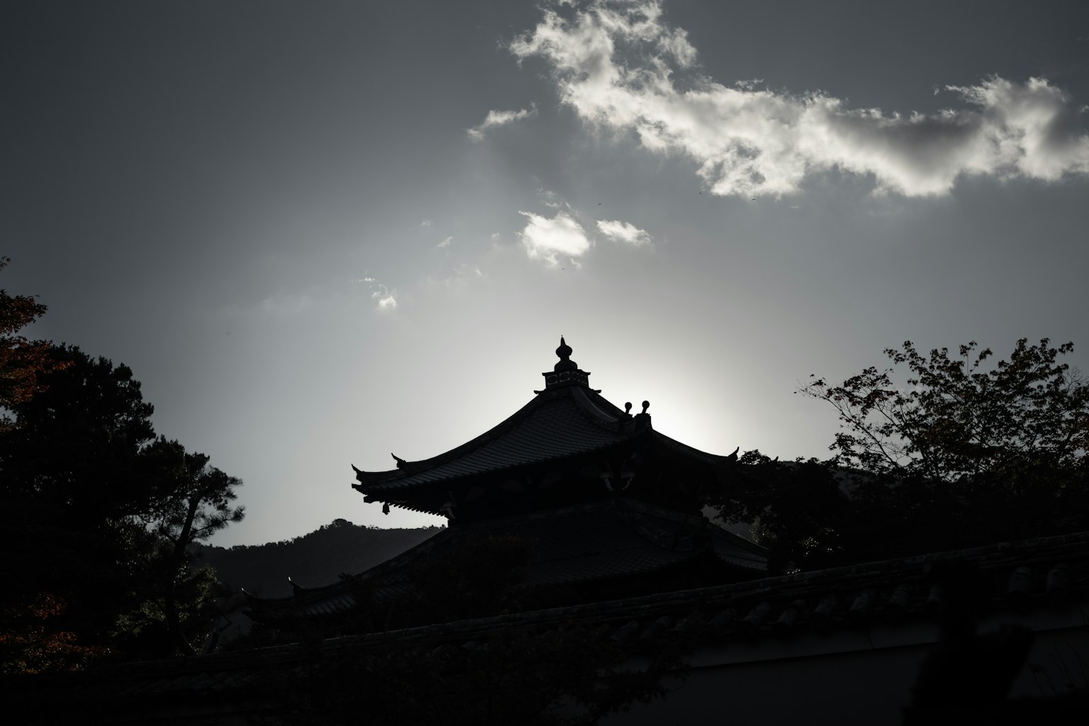 云雾缭绕的寺庙屋顶轮廓