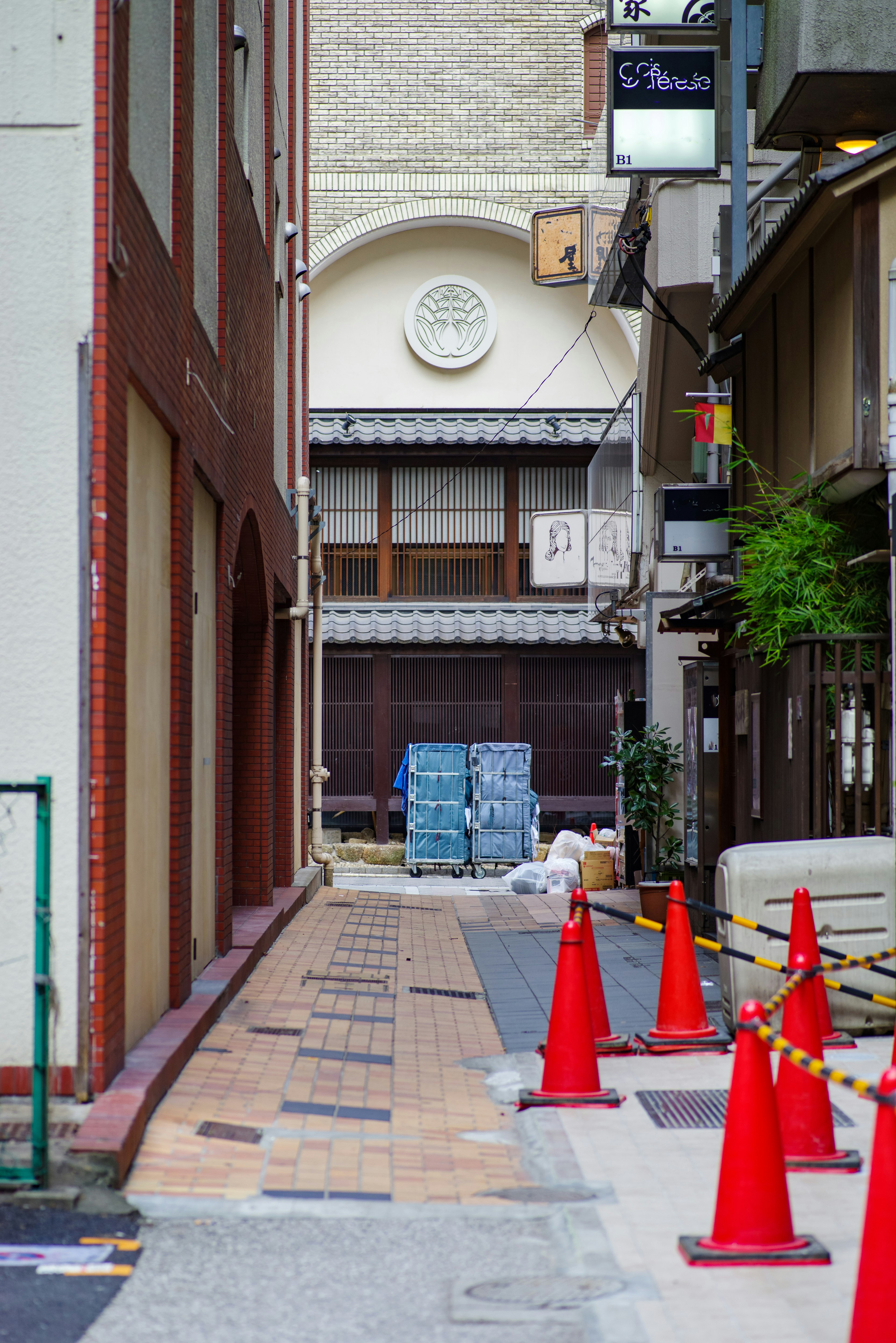 路地の奥に続く石畳とコーンが並ぶ小道